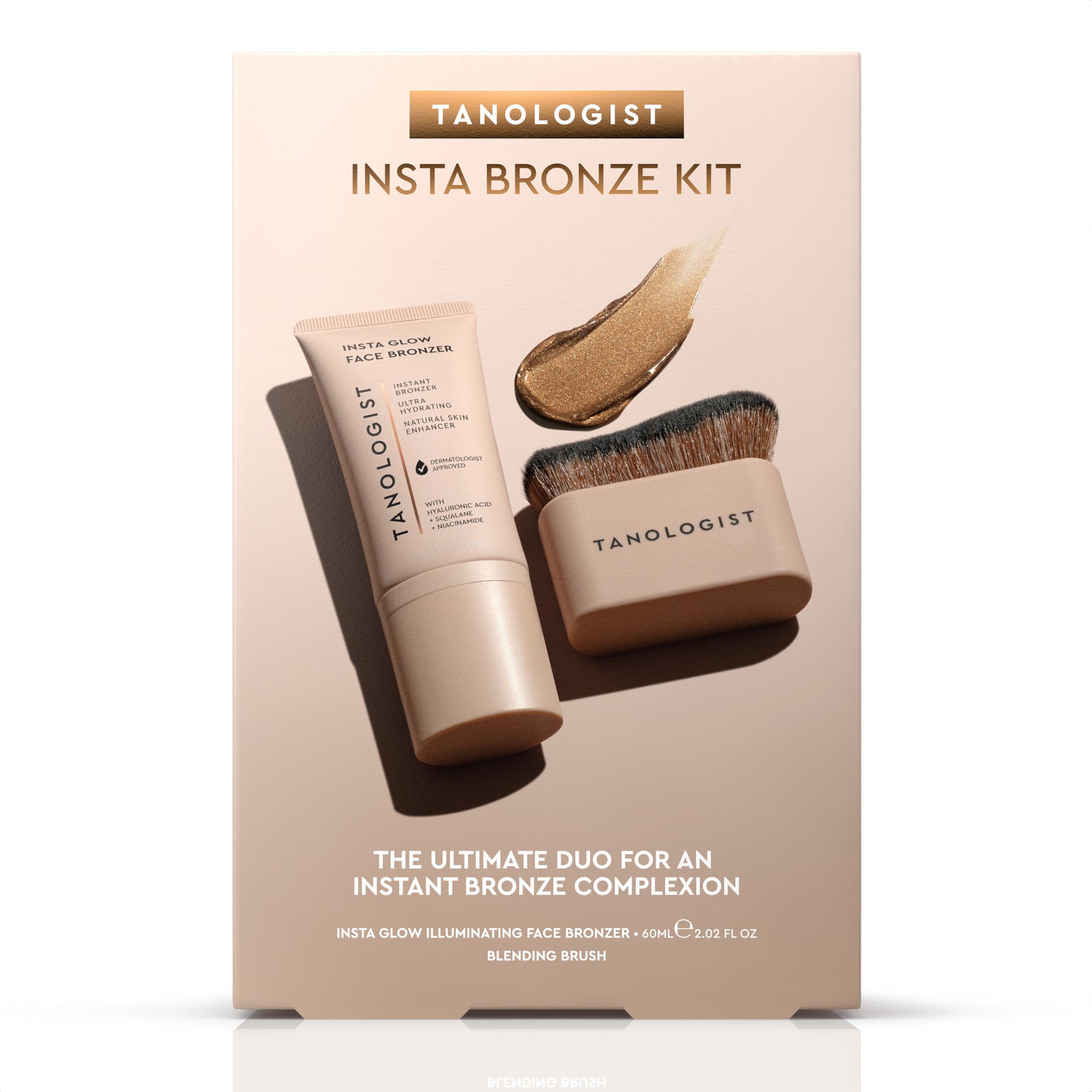 Tanologist Insta Bronze Kit, Insta Glow Face Bronzer and Blending Brush, Instant Illuminated Buildable Formula for Bare or Over Makeup, Dermatologist Tested, 2 Piece Set