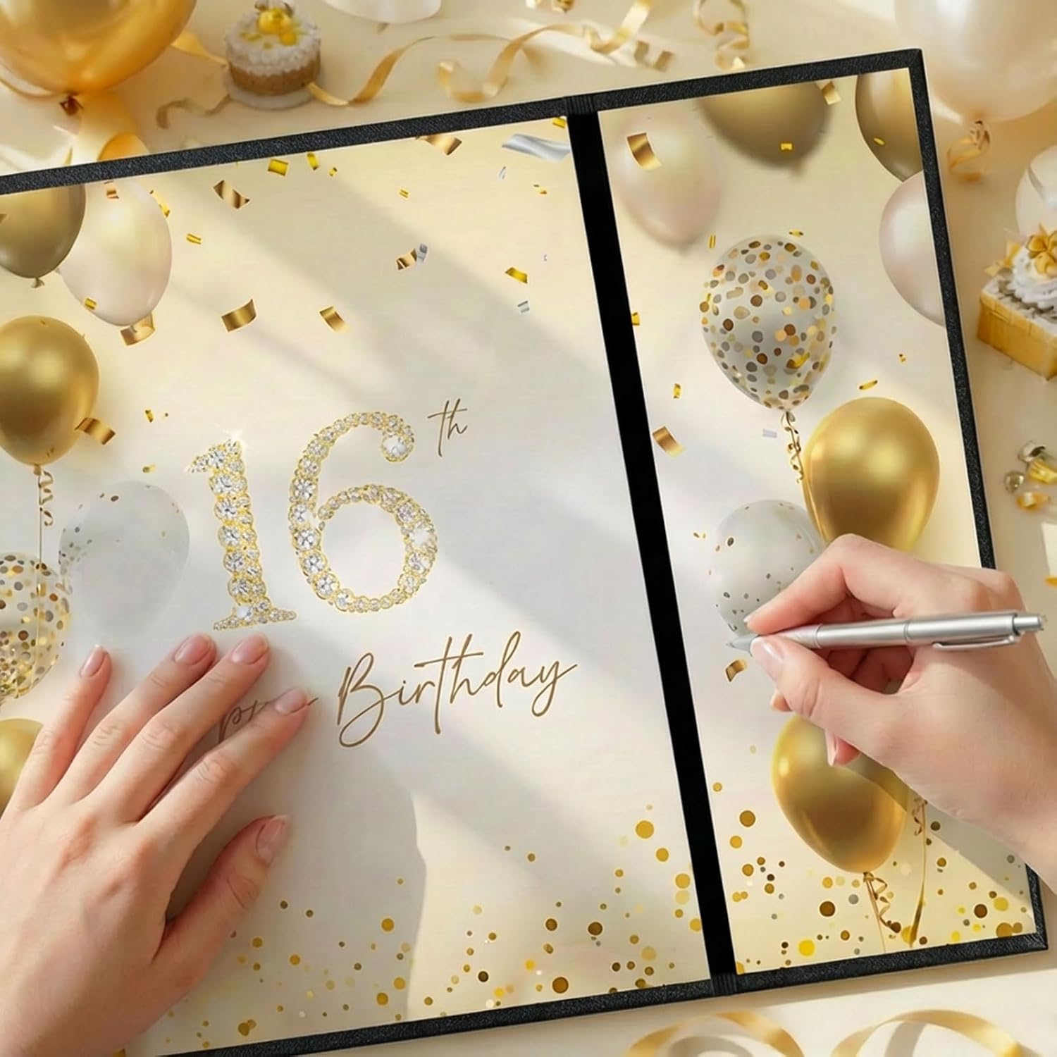 Birthday Party Decoration Guest Book Black and Gold 16th
