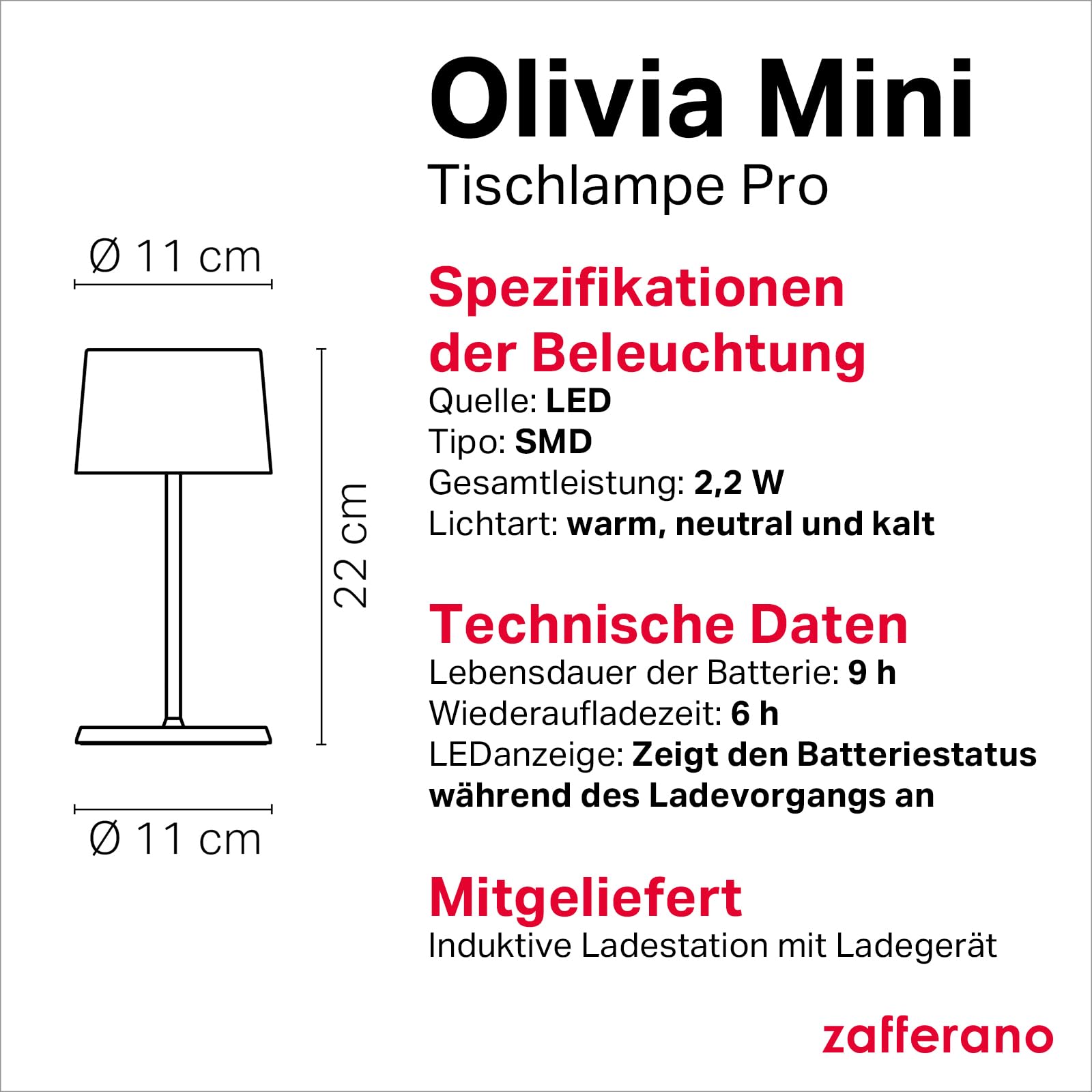 Zafferano, Olivia Mini Lampe, Tragbare und Wiederaufladbare Tischlampe mit Touch Control, Geeignet für Wohnzimmer und Außenbereich, Dimmer, 2200-3000 K, Höhe 22 cm, Farbe Corten