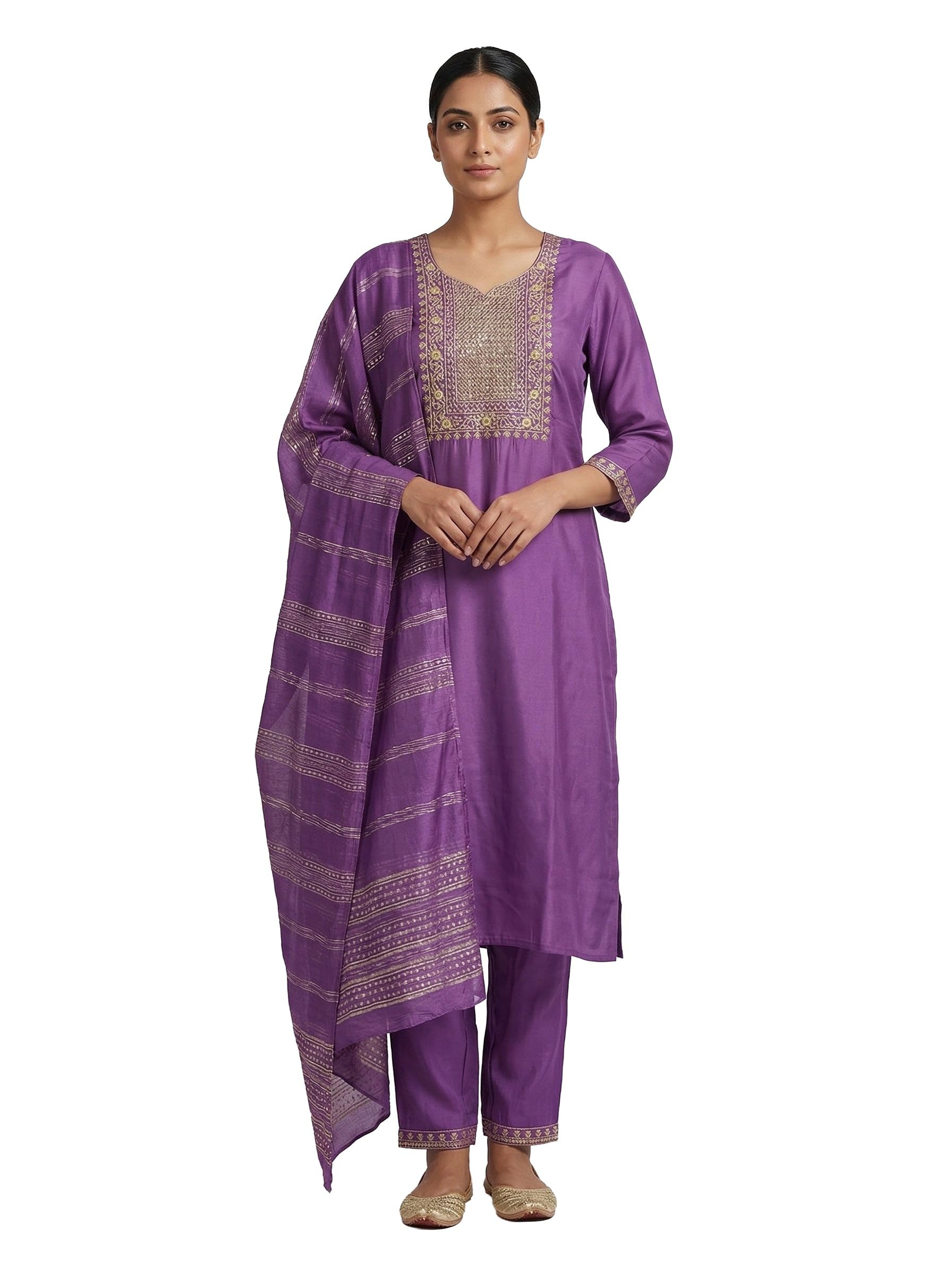 Ladyline Womens Maslin Silk Salwar Kameez Suit Set | Gold Kasab & Sequin Embroidered Kurta with Pants & Weaving Dupatta | Ethnic Wear (SESK RJSU) (40/ Violet)