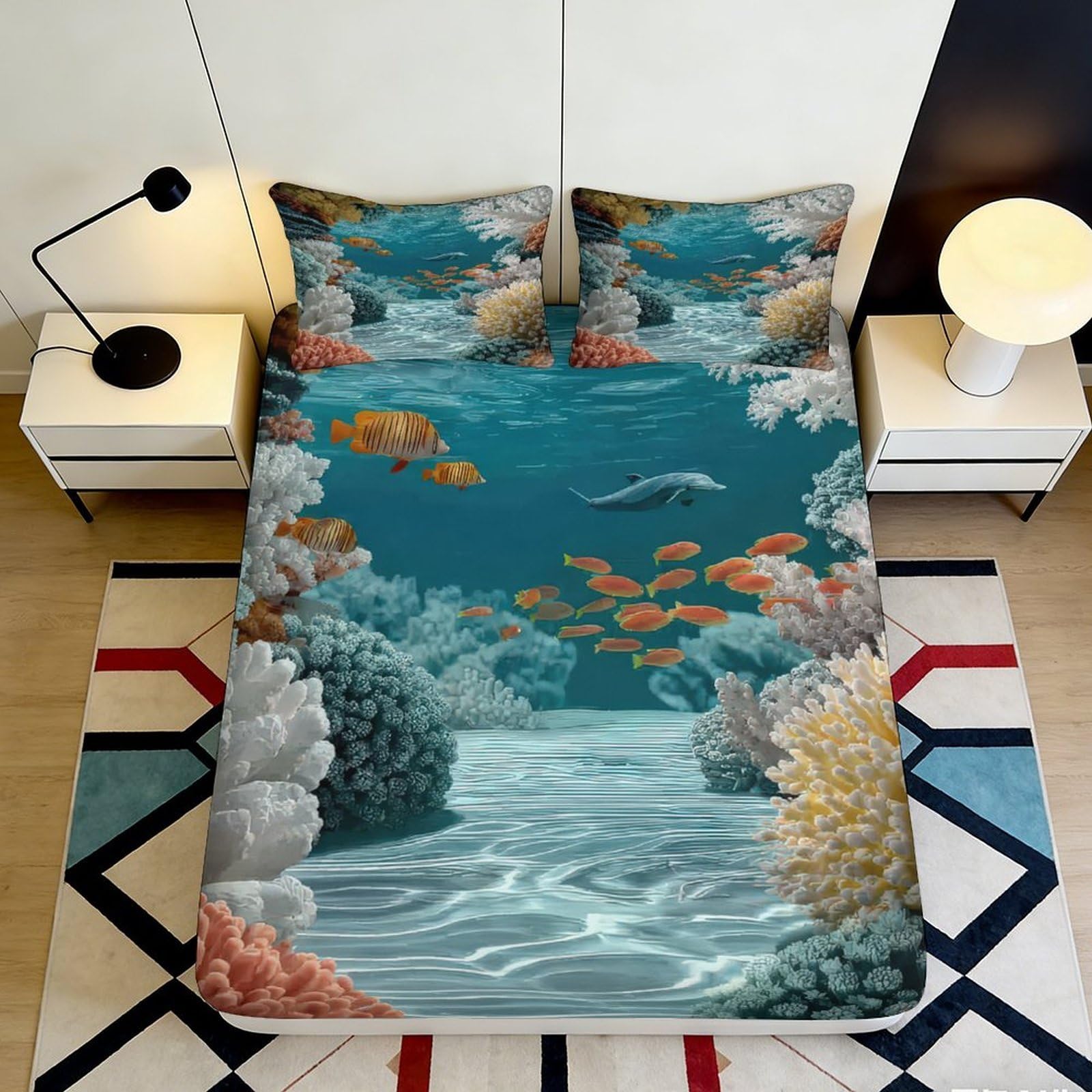 3D Printed Coral Reef Ocean Fitted Sheet Microfiber Anti-Slip Mattress Cover Underwater Fish Decor for Bedroom 140x200x25cm