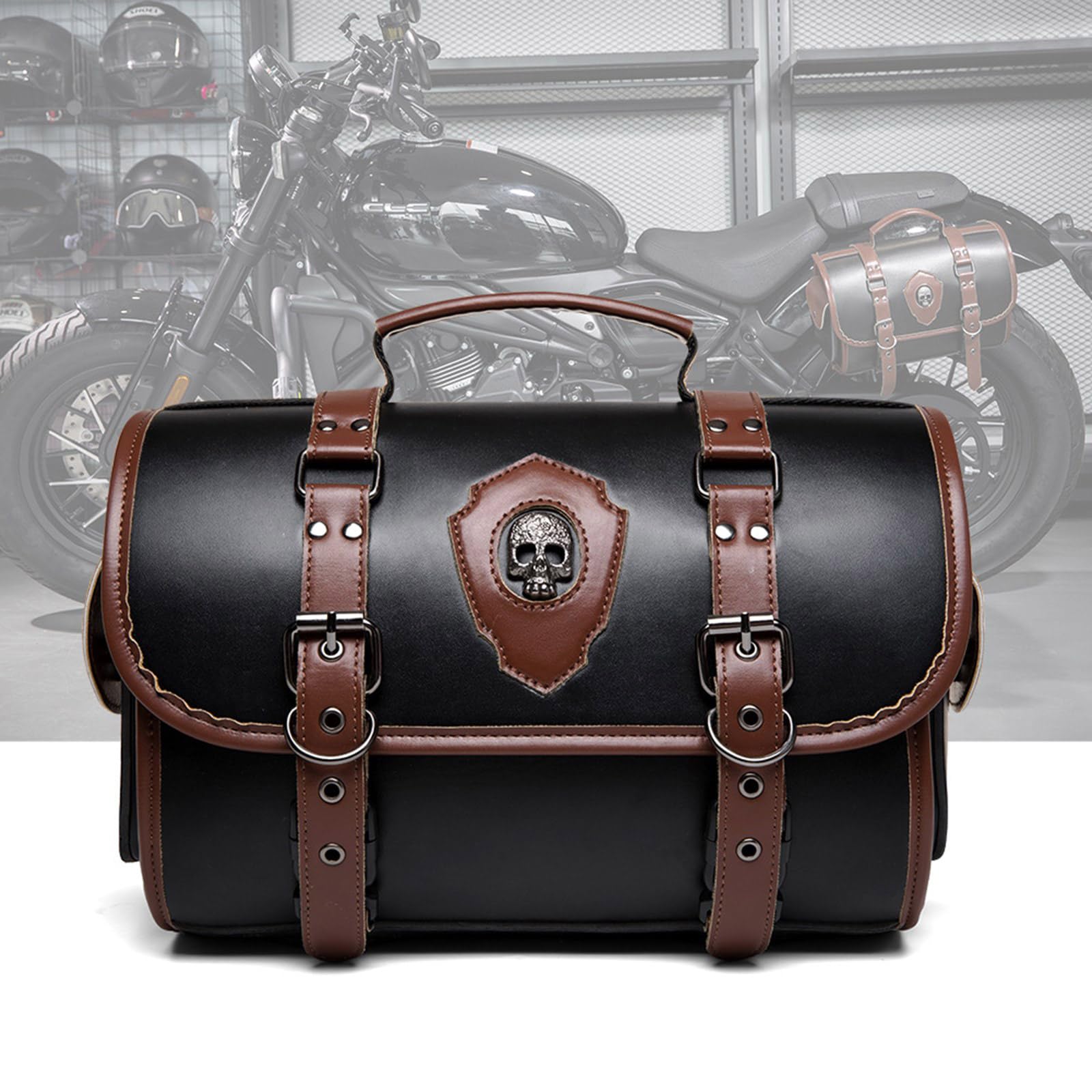 Sac à outils de moto avec 2 sangles en cuir PU Sac de rangement de bagages Style rétro Grande capacité pour Voyage Noir
