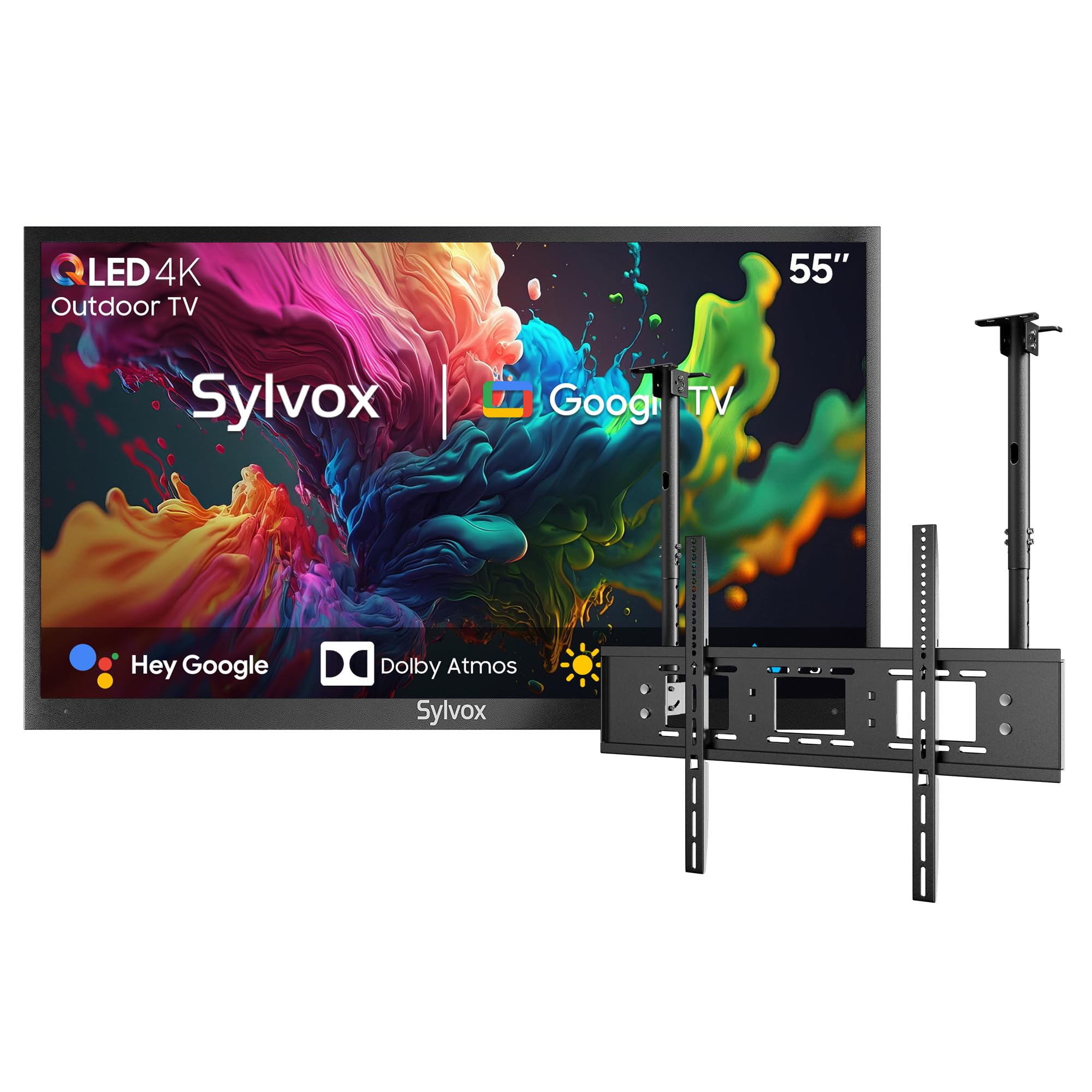 SYLVOX Outdoor TV 55 Pulgadas, 4K UHD QLED TV para Exteriores, 2000 Nits Google TV, Dolby Atmos, DVB-C/T2/S2, HEVC, IP55 Televisor de Exterior Resistente al Aguapara Jardín, Terraza, Piscina y Locales
