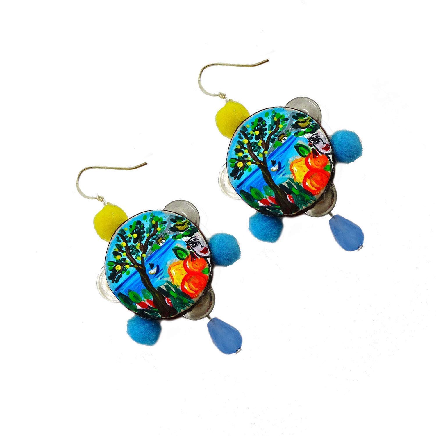 Boucles d’oreilles peintes à la main – TAMBOURINS CŒUR DE SICILE - boucles d’oreilles pendantes pour femme, bijoux avec crochet en argent, Made in Italy, bijoux décorés pour femme, artisanale