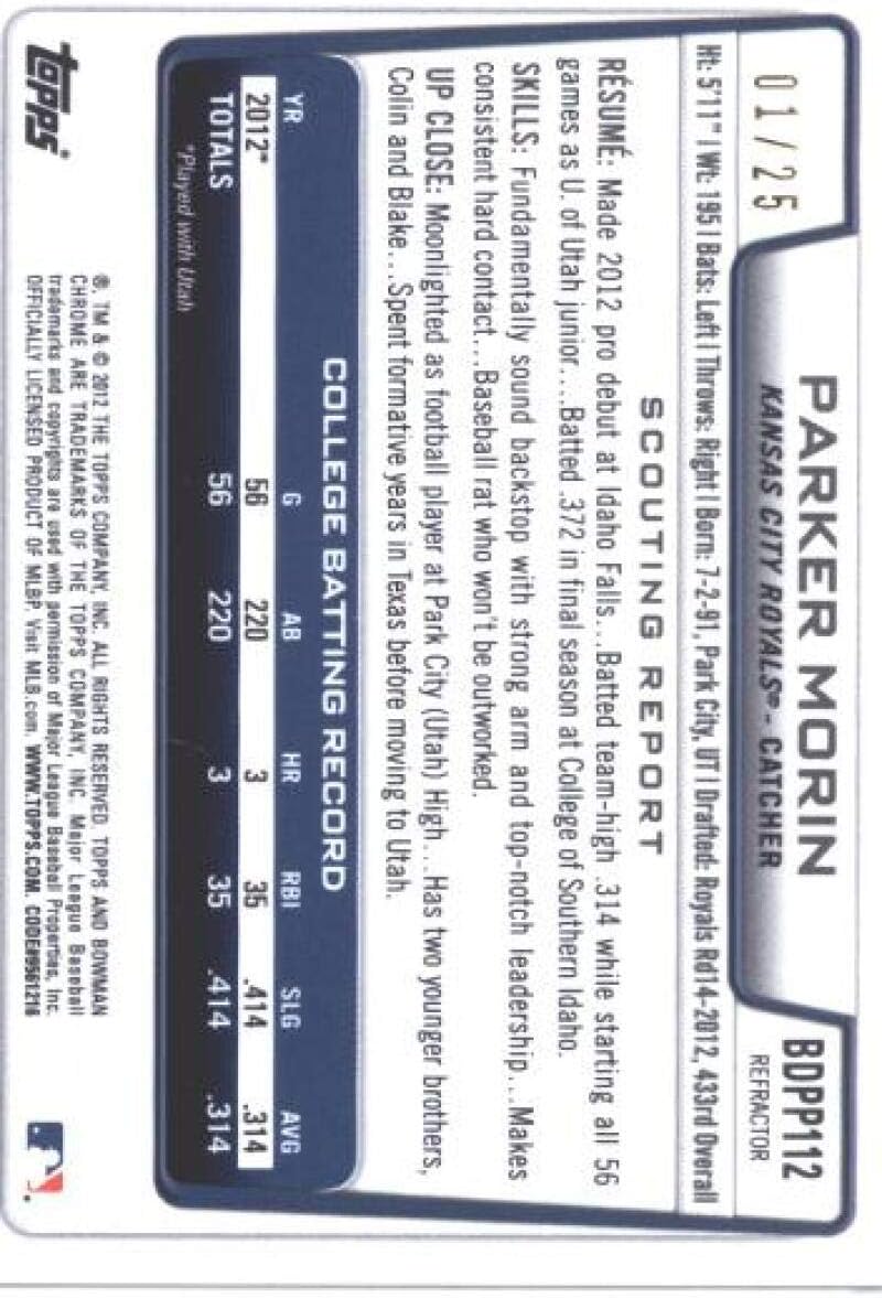 2012 Bowman Draft Chrome Draft Picks Orange Refractors #BDPP112 Parker Morin Kansas City Royals MLB Baseball Card /25 NM-MT