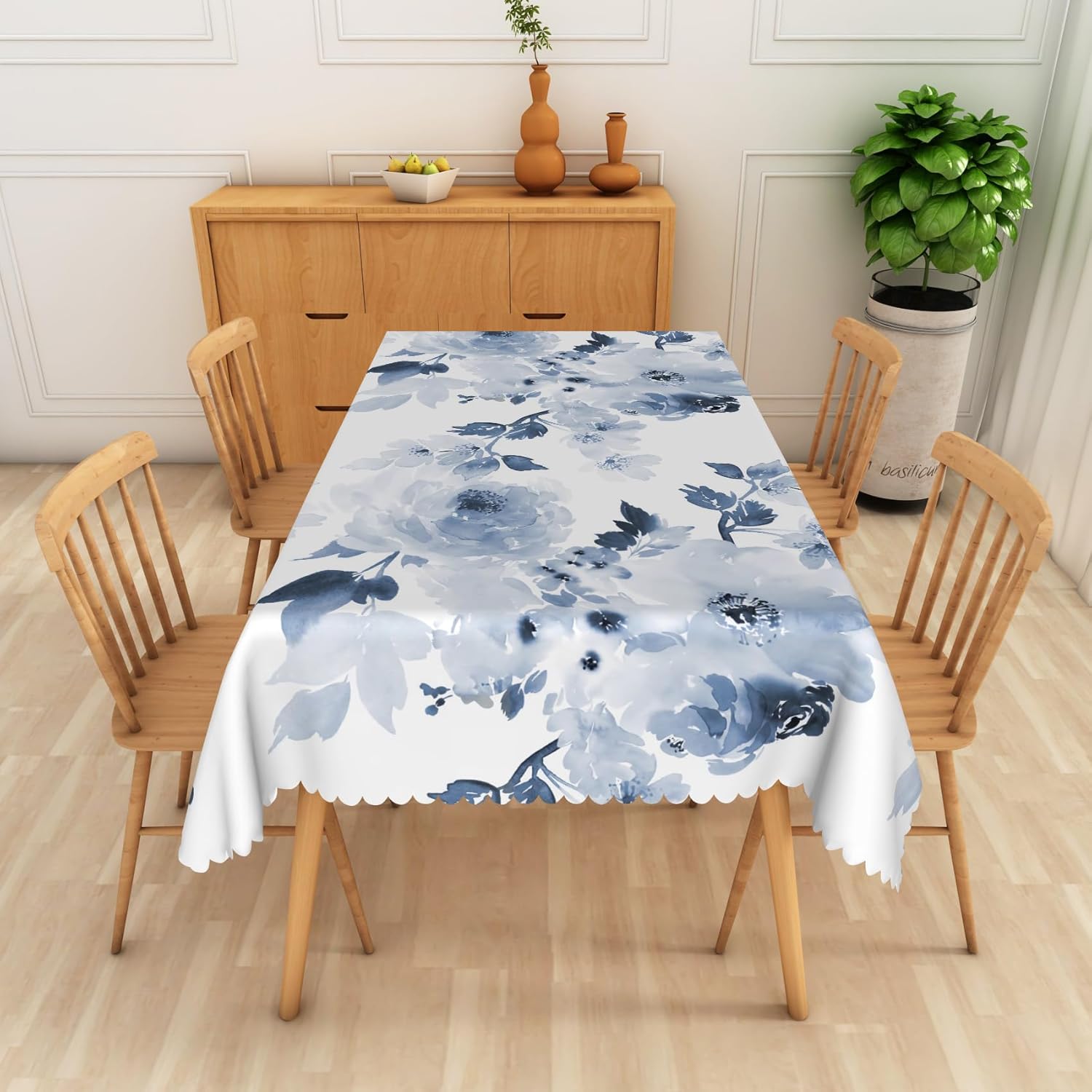 Spring Navy Blue Floral Rectangle Tablecloth,SIEDYCV 70x120 Inch Watercolor Blue Flower Print White Polyester Fabric Table Cloth,Waterproof Table Cover for Dining Picnic Wedding Party Home Decoration