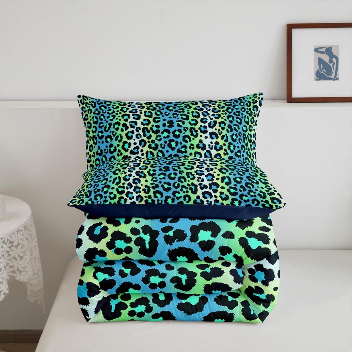 Feelyou Leopard Bedding Set Blue Green Cheetah Print Comforter Safari Comforter Set for Kids Boys Girls Animal Fur Print Duvet Set Kids Room Decor with 2 Pillow Case