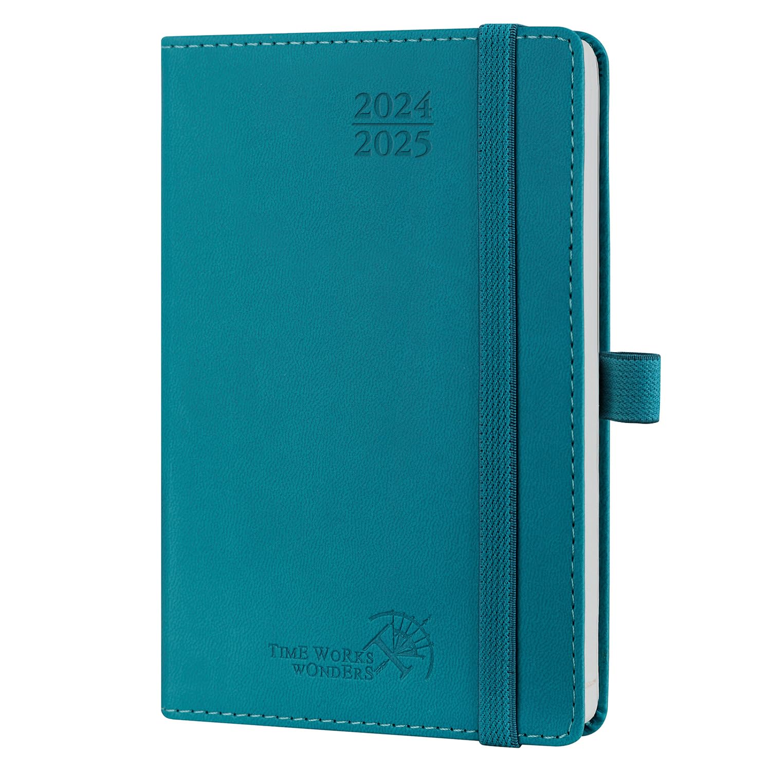 POPRUN Agenda 2024 2025 Pequeña de Bolsillo 16 x 10,5 cm, Planificador Semanal 17 Meses de Ago.2024 a Dic.2025, Porta Boligrafos Autoadhesivo, 80 GSM Papel, Verde Pacífico