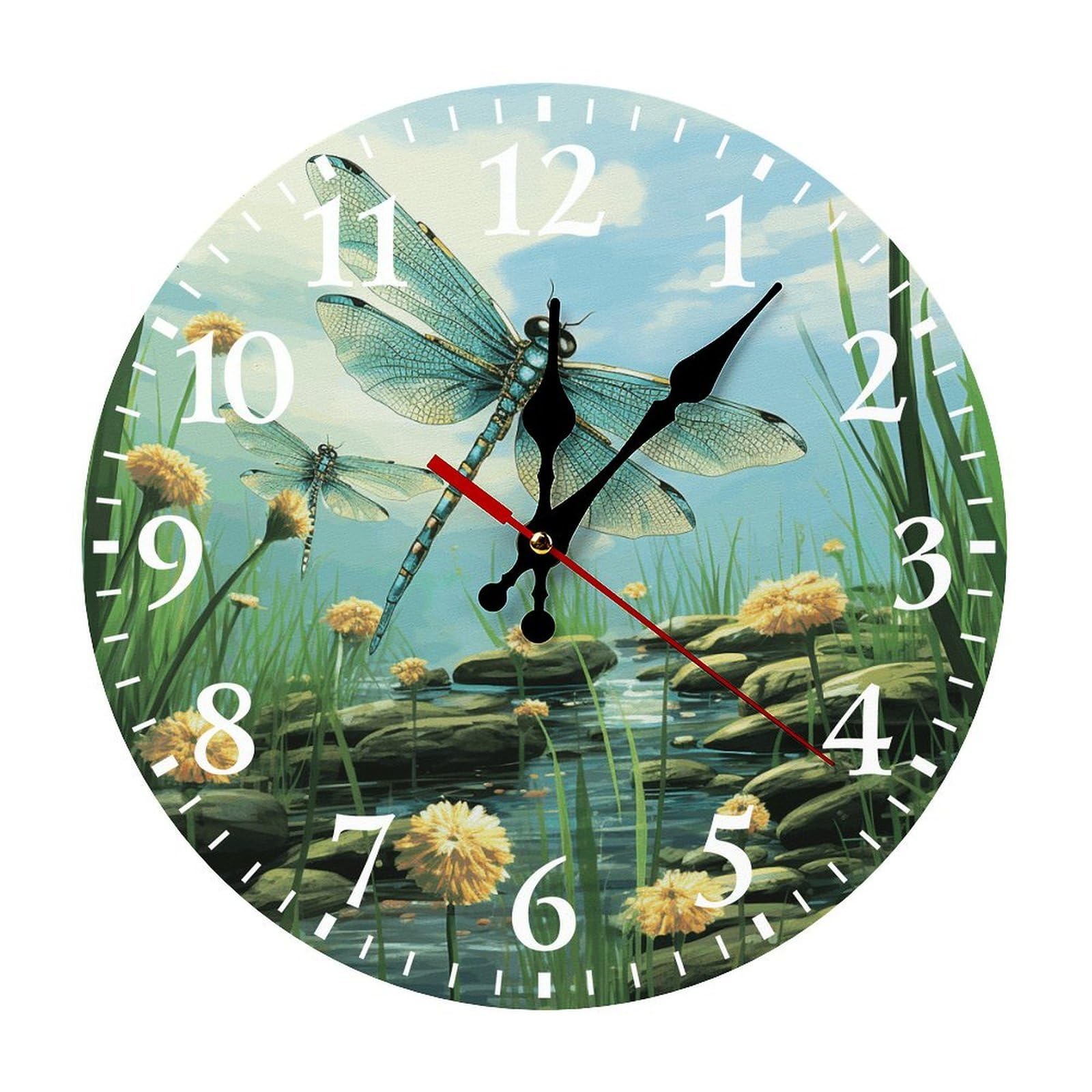 QMNLKH Dragonflies in Flight Wall Clock for Home, Battery Operated Clock for Hotel, Round Wall Clock with Arabic Numerals White, Easy to Read, Non-Ticking Clocks for Living Room 30 * 30cm