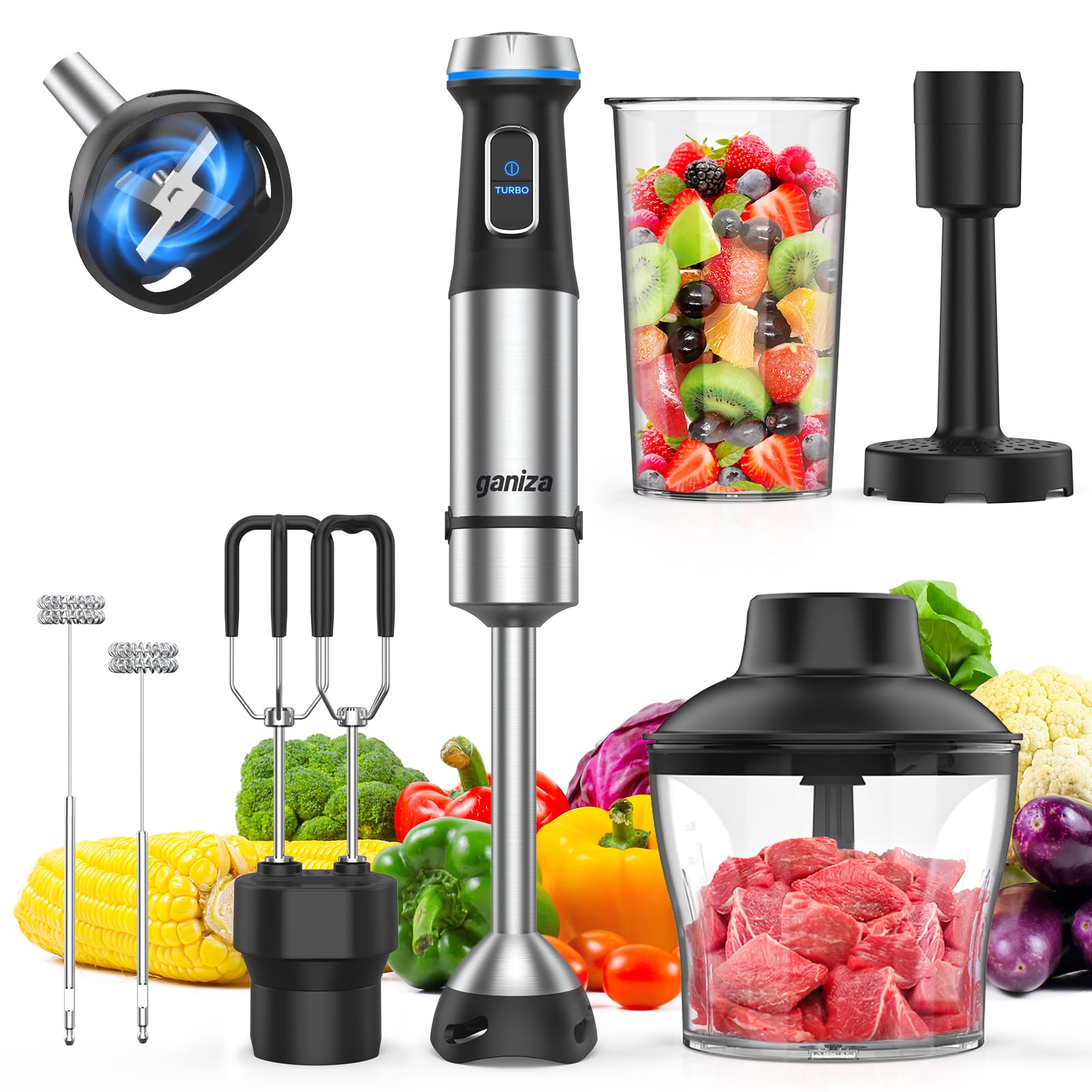 Immersion Blender Handheld, 6 in 1 Hand Blender Stainless Steel Blade, 15 Speed Stick Blenders Electric, 800ml Mixing Beaker, 600ml Chopper, Whisk, Frother, Potato Masher
