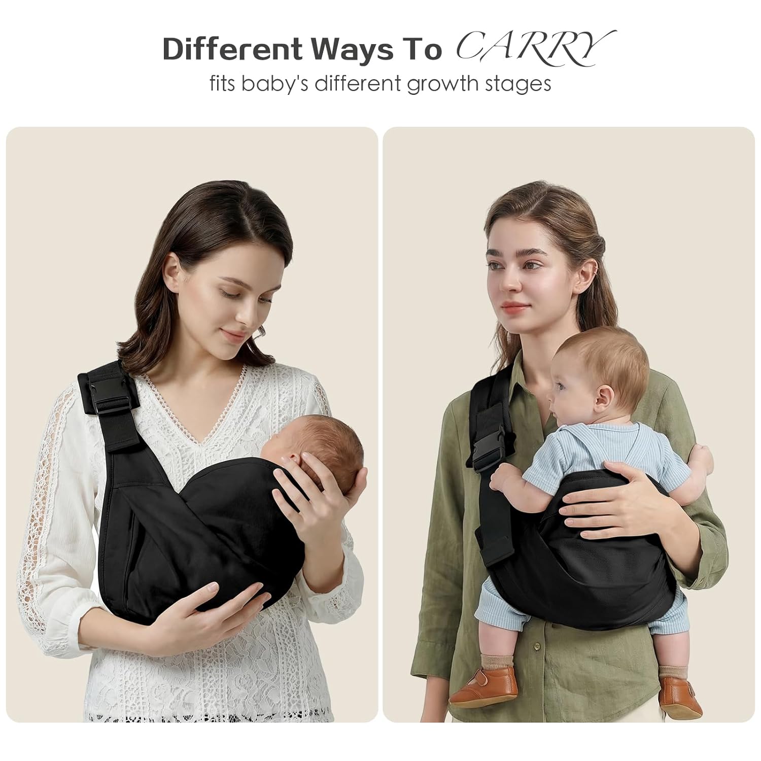 MISSWISDOM Baby Sling Carrier, Toddler Carrier Sling with Double Safety Buckle and Adjustable Shoulder Strap(7-30lbs), Baby Carriers One Size Fits All, Black