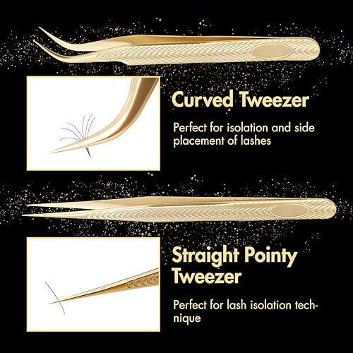 Miniatura 3 de Miuffue Pinzas puntiagudas rectas y curvadas para extensión de pestañas, juego de 2 pinzas de pestañas profesionales de acero inoxidable para