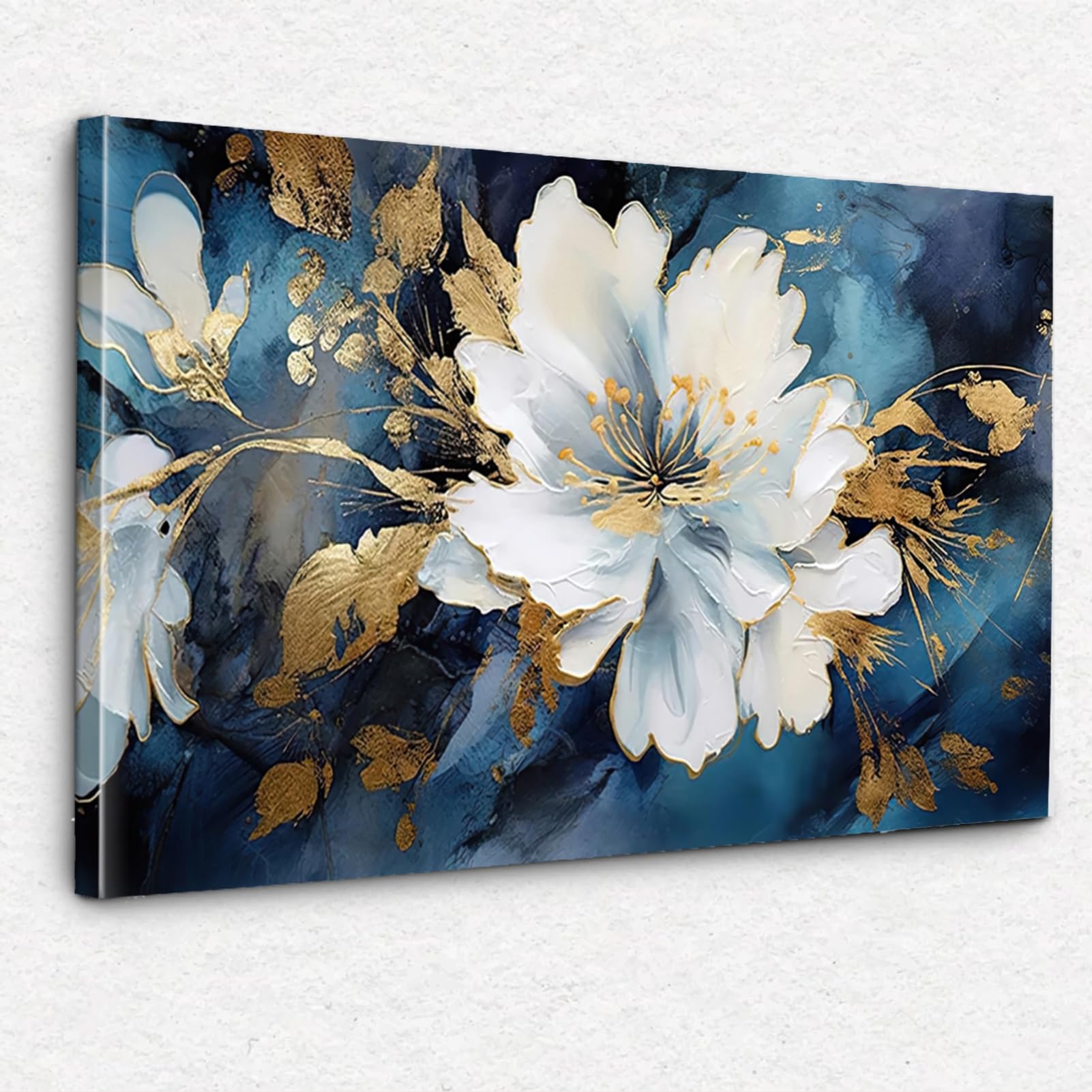 Asunygirl Flowers Wall Art Vintage Blue White Floral Canvas Pictures Abstract Botanical Modern Gold Blue Print Boho Wall Art Canvas Paintings Artwork for Bedroom Living Room Wall Decor 16x24 inch