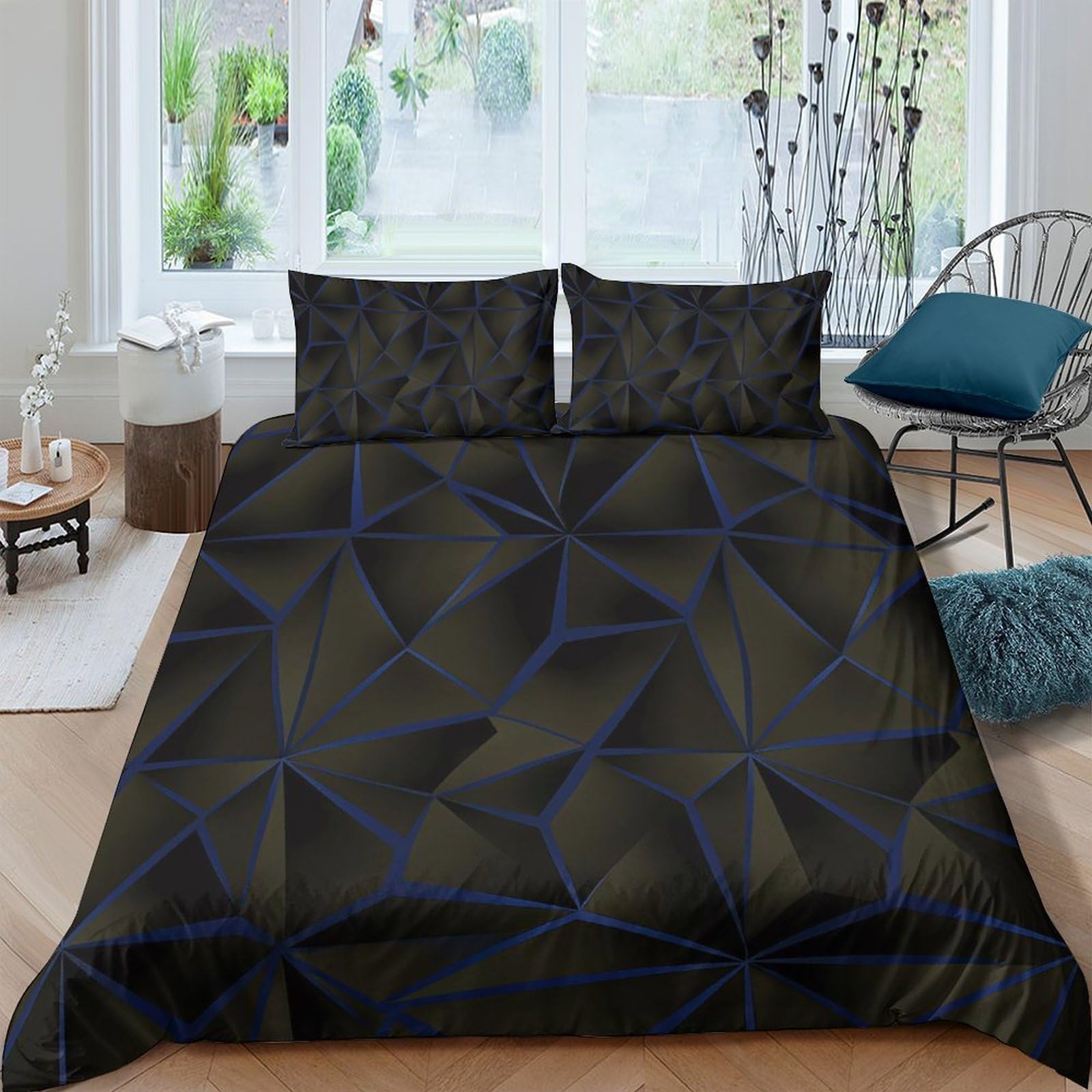 GPLZQXKJNH 3D Printed Geometric Black Blue Duvet Cover Microfiber Soft Breathable Polygon Quilt Cover Set with 2 Pillowcases for Bedroom Decor Single（135x200cm）