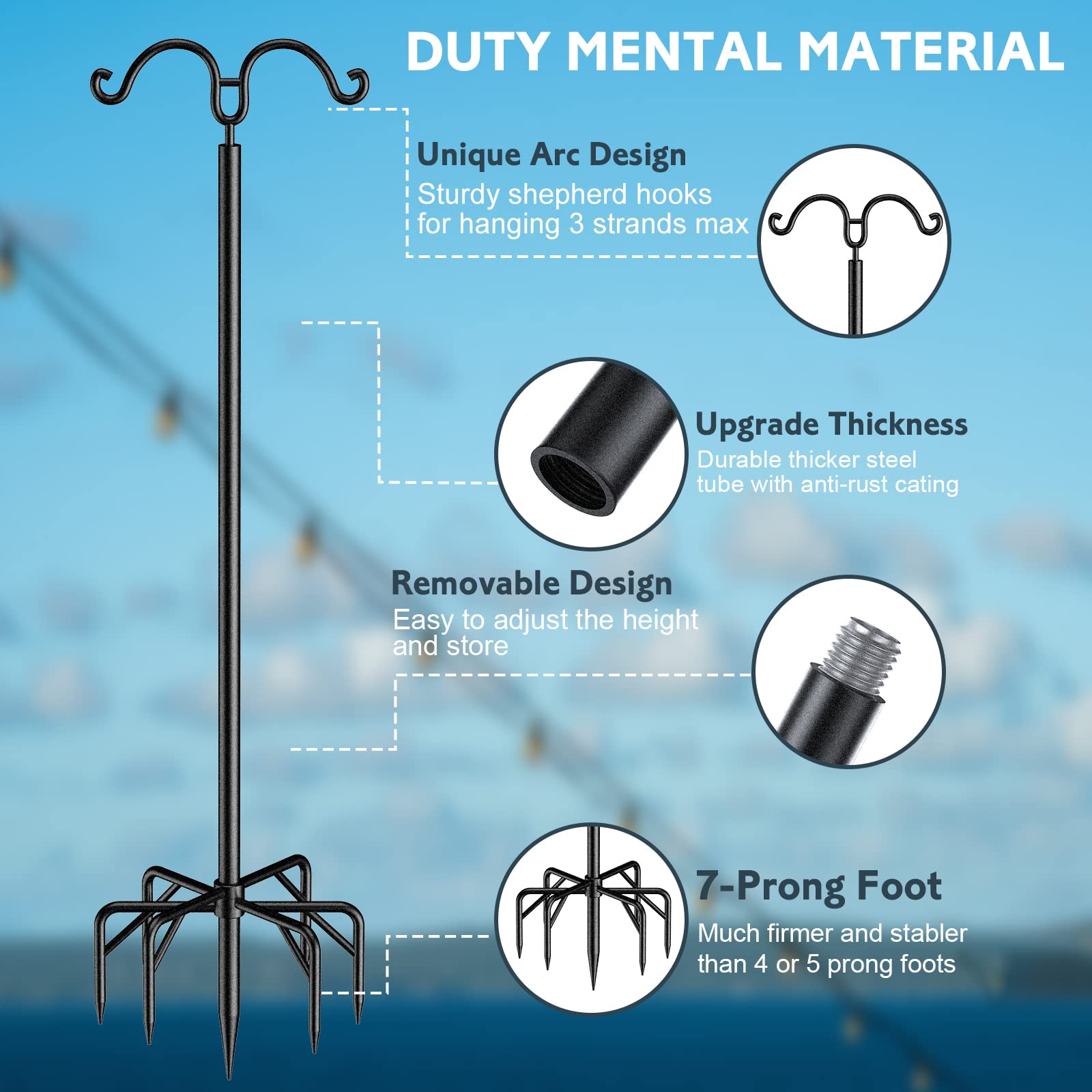 String Light Poles 2 Pack for Outside, 9FT Metal Poles for Outdoor String Lights, Adjustable Patio Lighting Stand for Garden Fence Party Wedding