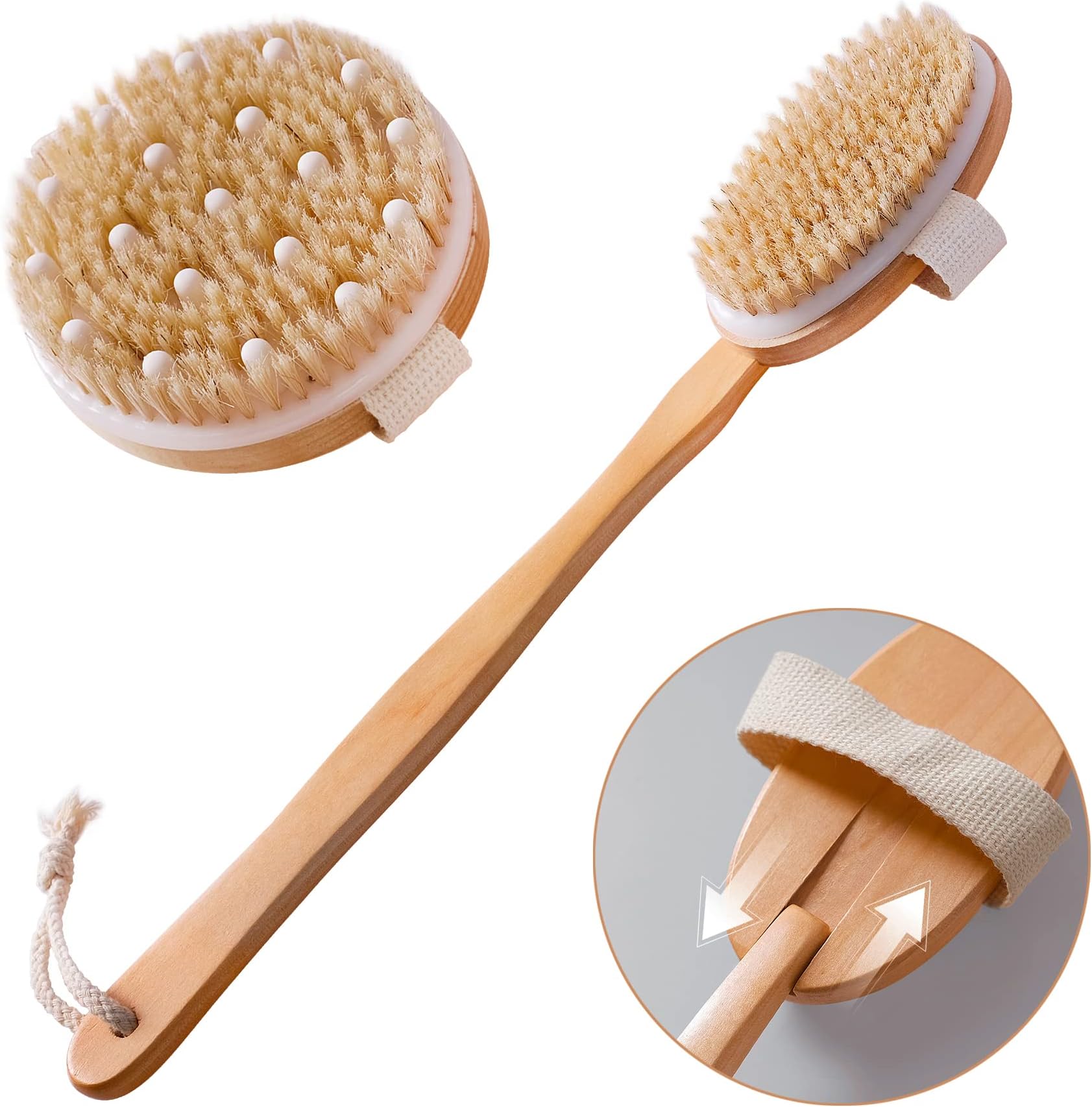 Dry Brushing Body Brush Set of 2, Natural Bristle Exfoliating Brush, Long Handle Back Scrubber, Improves Blood Circulation and Lymphatic Massage, Suitable for All Skin Types