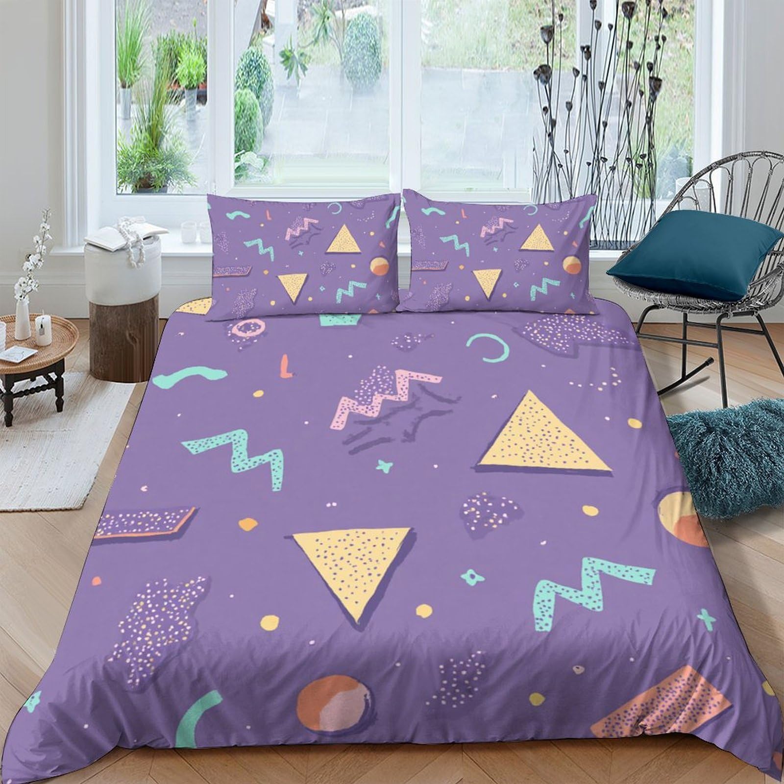 GPLZQXKJNH 3D Printed Abstract Geometric Duvet Cover Set Microfiber Soft Breathable Memphis Pattern Bedding Set with 2 Pillowcases for Bedroom Decor, Purple Single（135x200cm）