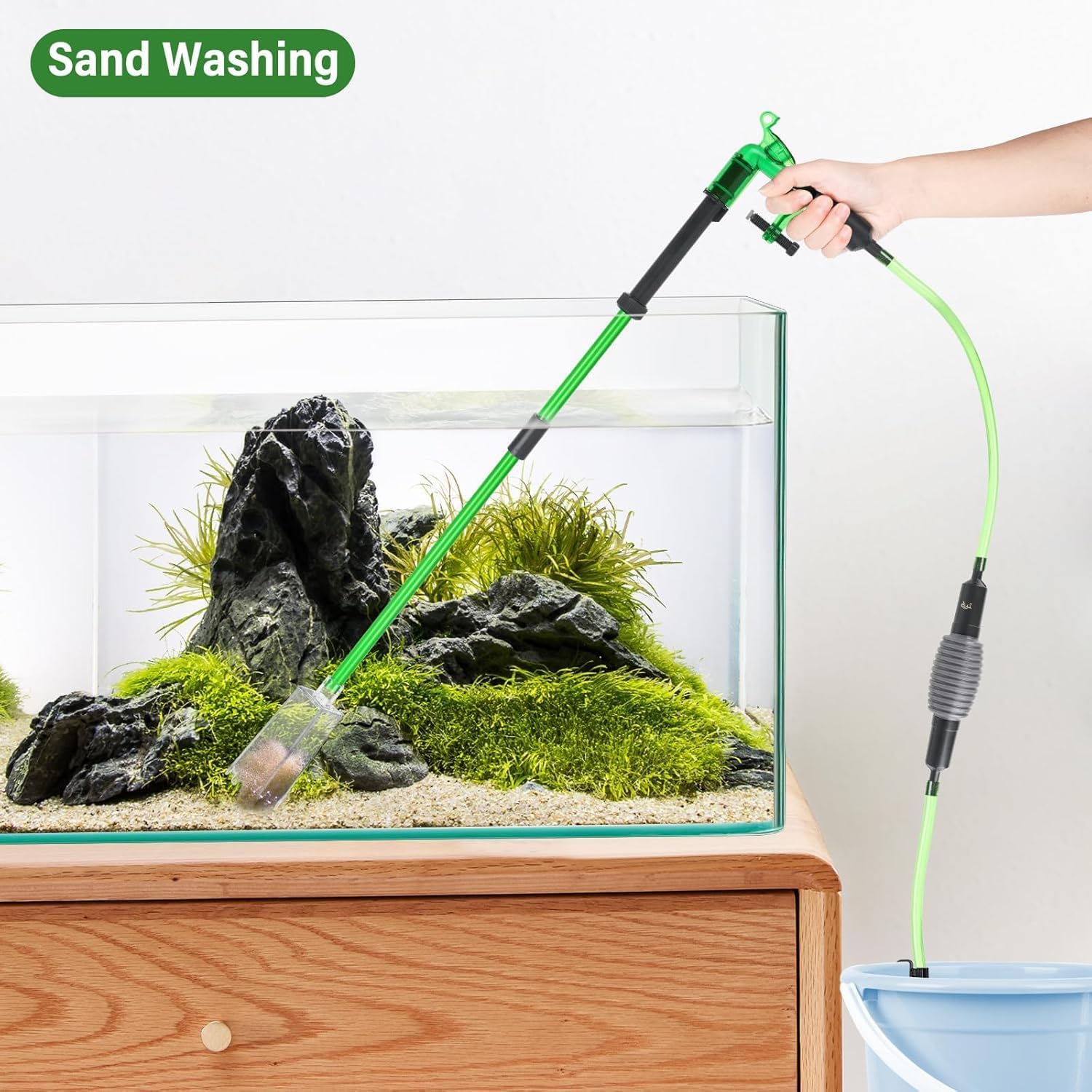 AQQA Limpiador de sifón para acuario, limpiador de fondo, 3 en 1, con tubo de extensión retráctil y fijación al acuario, cambio manual de agua y limpieza de arena