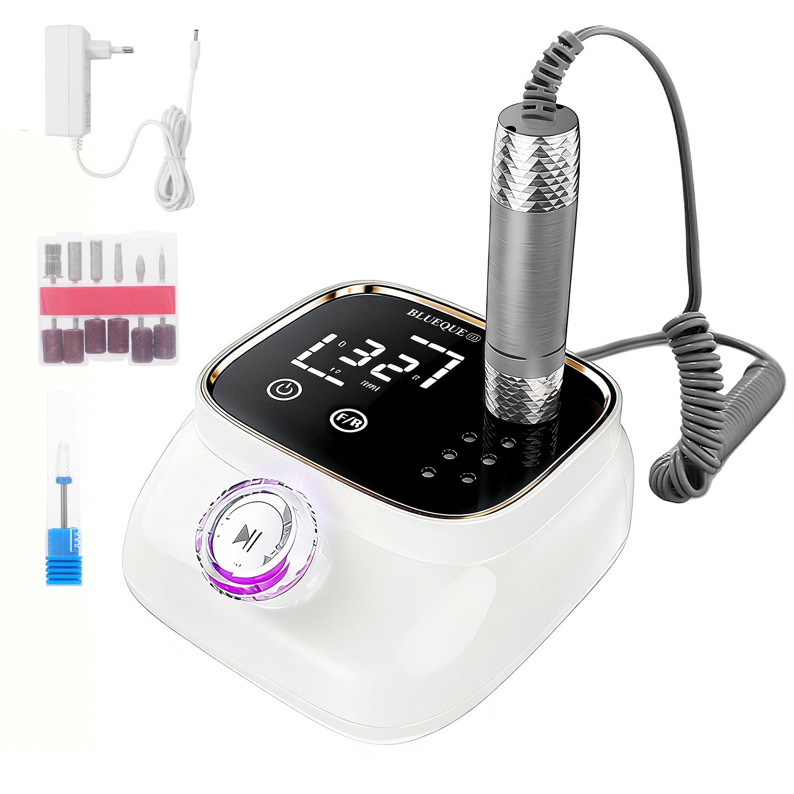 Torno para Uñas Profesional 45000RPM Lima Eléctrica con Pantalla LCD, Velocidad Ajustable Set Manicura y Pedicura con 12 Brocas y 50 Bandas para Uñas Acrílicas Gel Uso Doméstico Salones