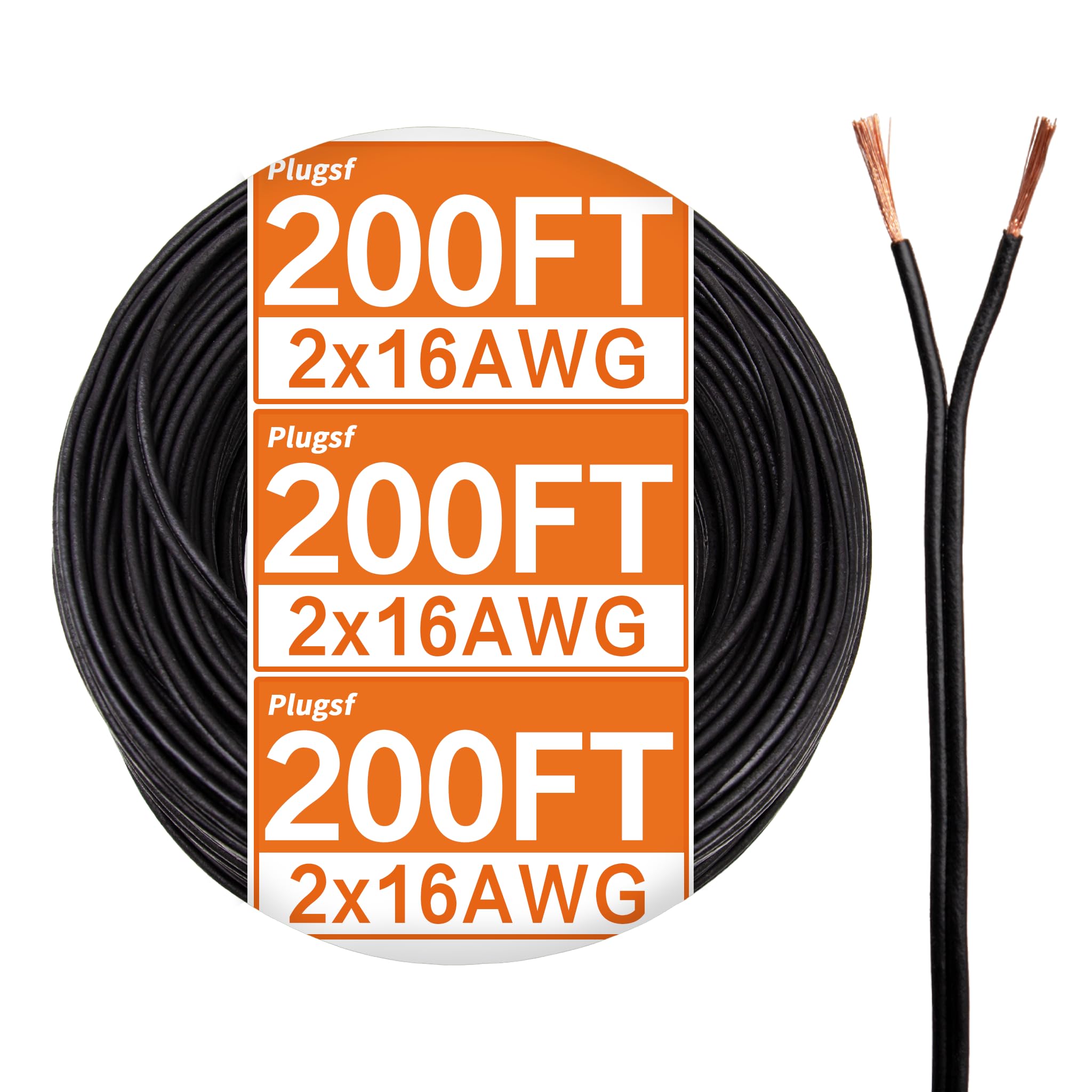 PlugSaf 16/2 Low Voltage Landscape Lighting Copper Wire,16 Gauge 2 Conductor Wire,Low Voltage 16 AWG Copper Extension Cord for Speaker, LED,