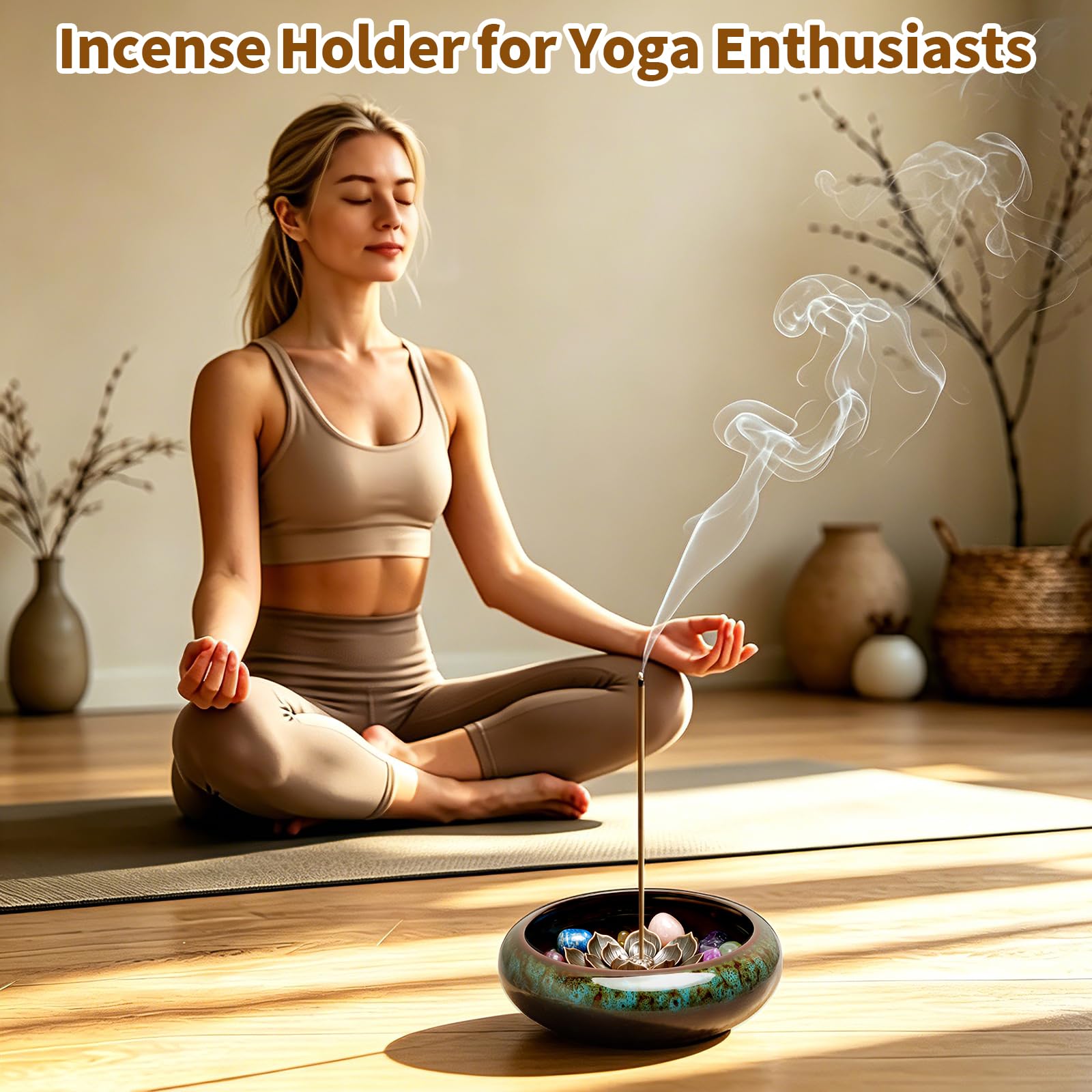 Lermende Bruciatore Incenso in Ceramica: Porta incenso con design loto rimovibile con Bruciatore per Incenso con Pietre dei Chakra e Coperchio in Metallo, Bruciatore per Incenso per La Meditazione.