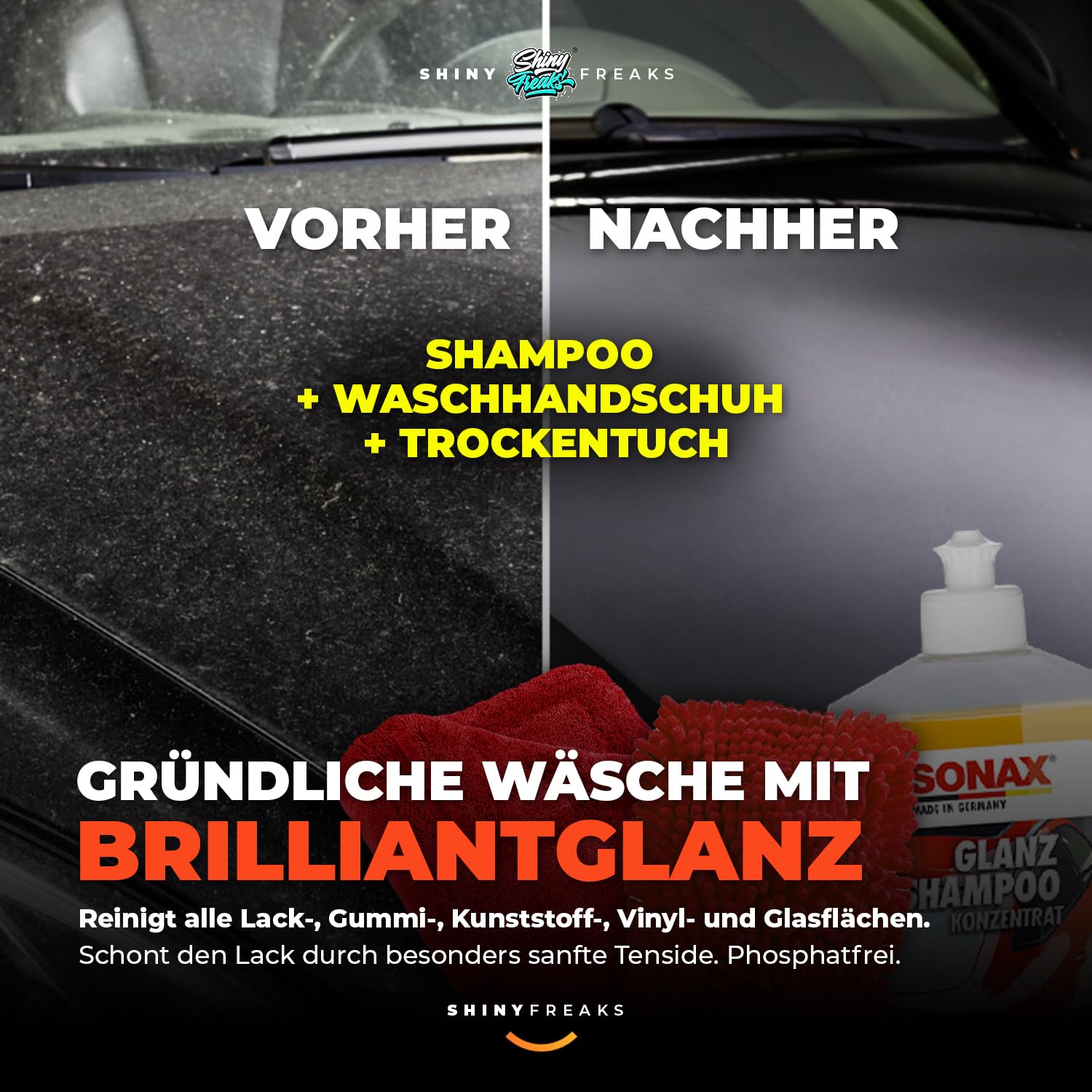 Autopflege Set 8‑teilig: SONAX GlanzShampoo, FelgenBeast & BrilliantShine Detailer + chemicalworkz Detailing Bag Aufbewahrungtasche + Zubehör -  Auto Waschset für Außenpflege