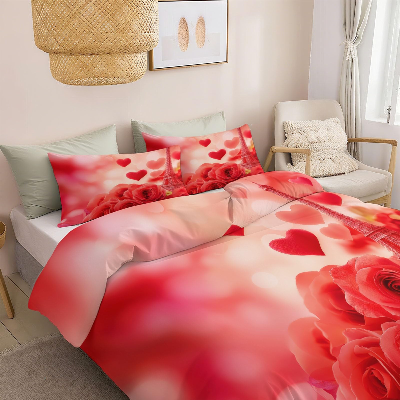 Funda de edredón Reversibles Romántico, Corazón Rojo Rosa Torre Eiffel Suave y Acogedor Lujo Juego de Cama Antialérgico Anti Decoloración Funda Nórdica de Edredón Estampada 150 x 220 cm