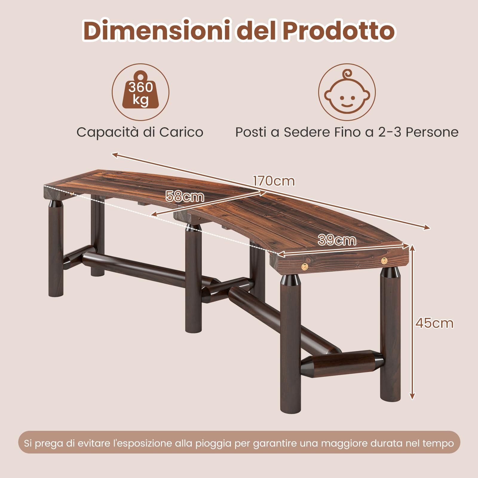 COSTWAY Panchina Curva da Patio, Panchina di Legno Massello per 2-3 Persone, Panca da Fuoco Senza Schienale per Esterni, Giardino e Bordo Piscina, Portata 360 kg (Marrone)