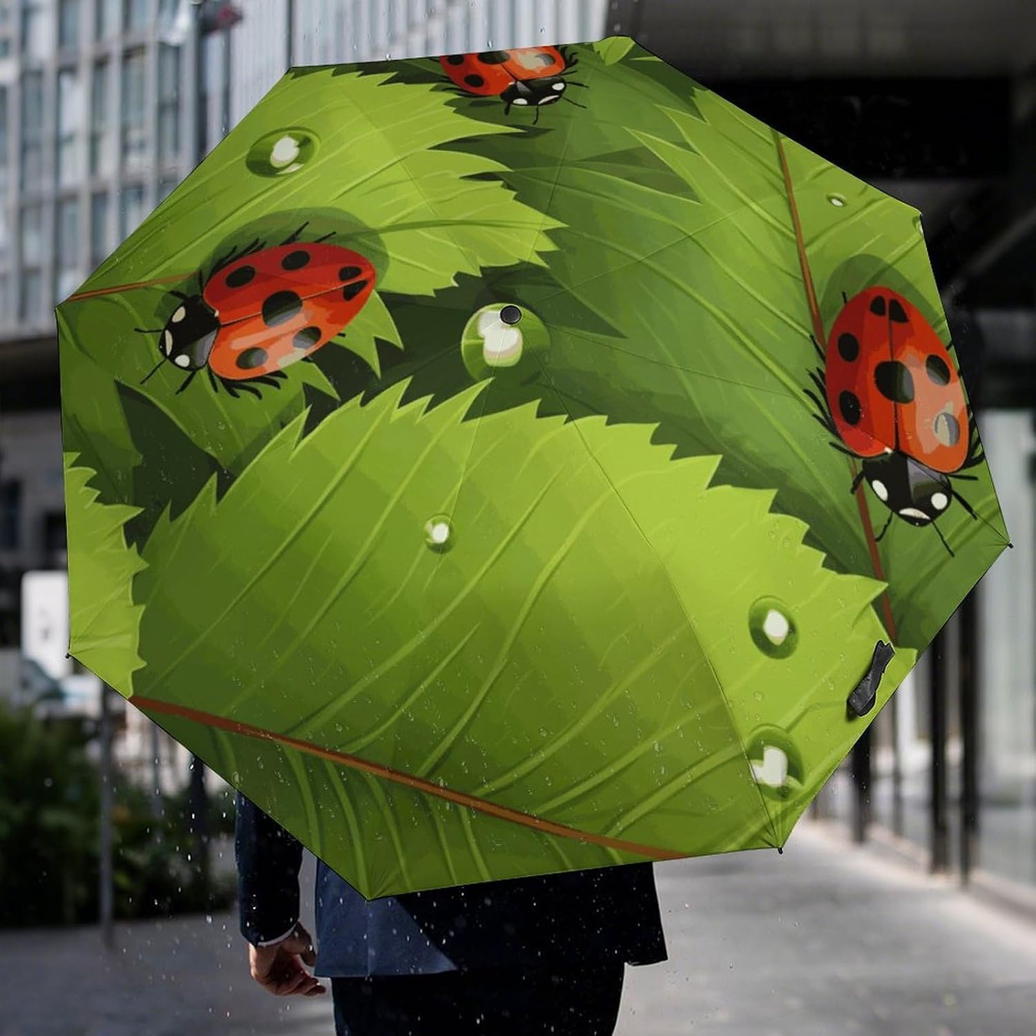 Leaves And Ladybugs Automatic Golf Umbrella Folding Umbrella | Windproof Travel Umbrella Portable Compact Umbrella with Storage Pouch for Golf Backpack Men Women