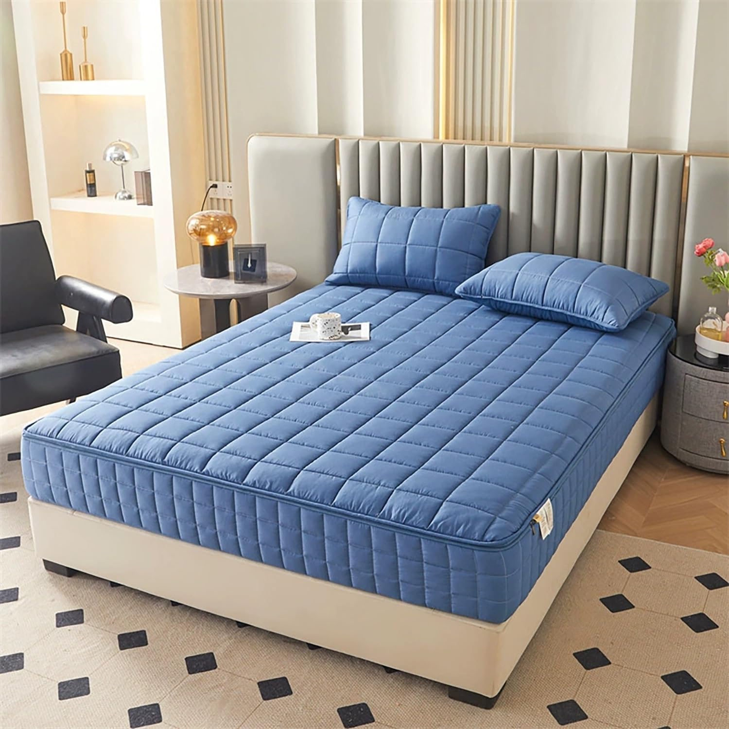 Coprimaterasso Trapuntato - Cerniera Integrale, Fodera Materasso 90x190/120x190/200x140 cm, Imbottito, Protettivo, Adatto a Tutte le Dimensioni + Personalizzabile(Blu navy,140x200x20cm)