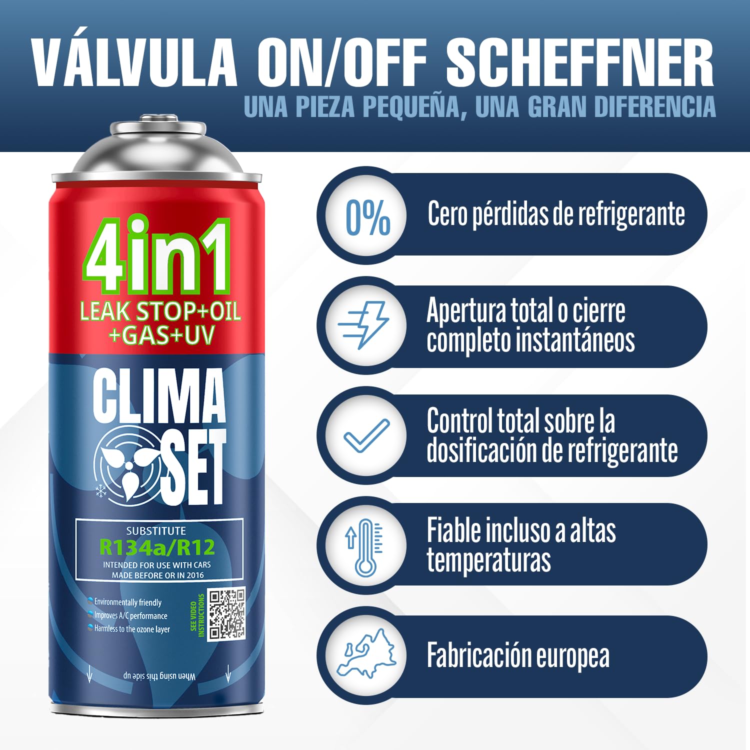 CLIMASET - Kit de Recarga de Aire Acondicionado para Coche - 3 Unidades 4 en 1 de sustituto R134a + Manguera - para vehículos de 1994 a 2016, Manguera Moderna y fácil de Usar, manómetro
