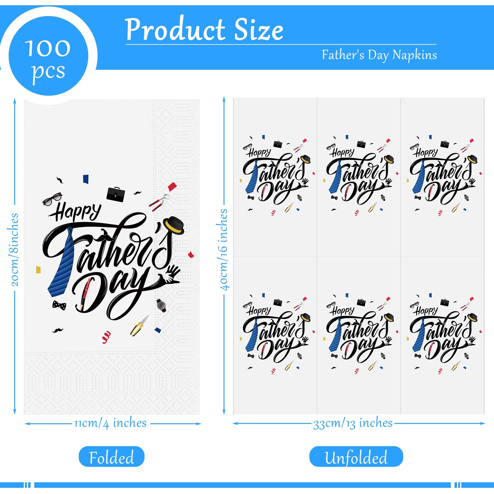 Teling 100 Pieces Happy Fathers Day Napkins 3 Ply Disposable Paper Blue Tie Cocktail Napkins Father's Day Gifts Daddy Day Paper Towels Decoration for Father's Day Party Supplies (Cool Style)
