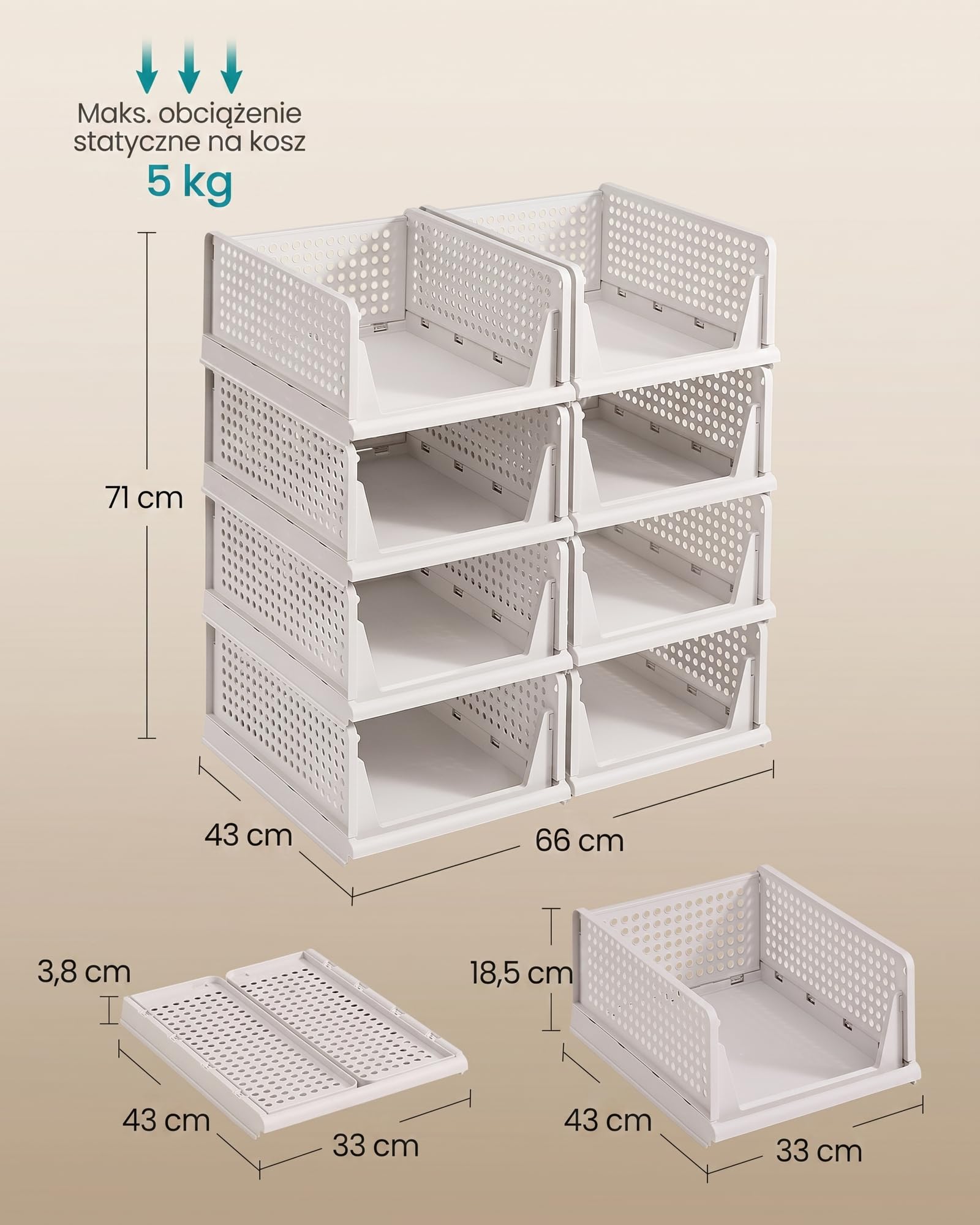 SONGMICS Organizery do Szafy, Zestaw 8, Wysuwane Kosze, 33 x 43 x 18,5 cm | Plastikowe Pojemniki do Przechowywania, Składane i Sztaplowane, Biały, Kolekcja DENNYS LPC800WZ01