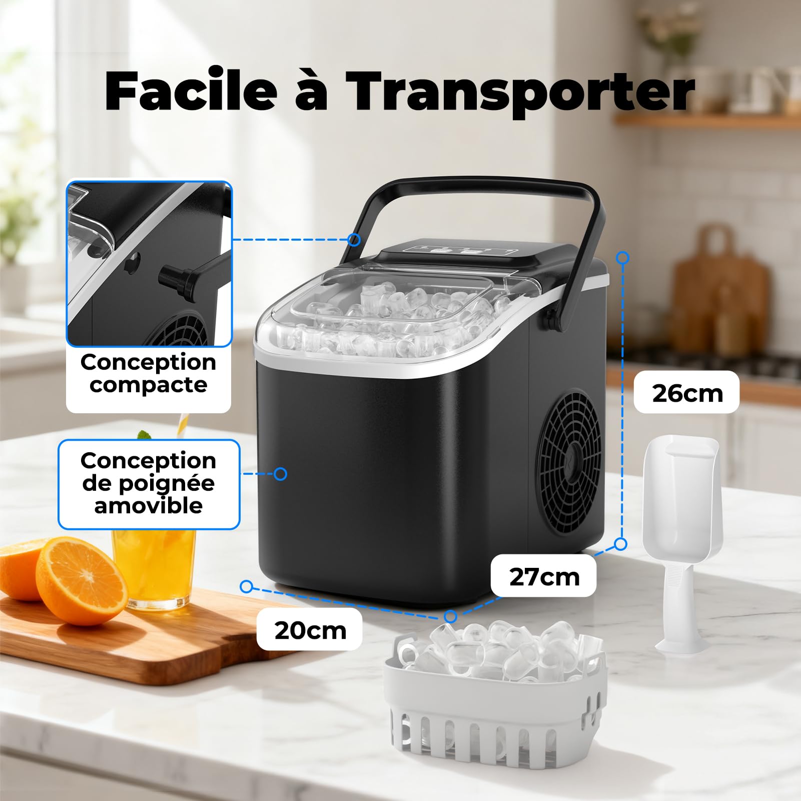 Machine à Glaçons, 12kg en 24h, Portable Machine a Glacons avec Cuillère à Glace, 8 Glaçons en 6-8 Minutes, Autonettoyante, Idéale pour Maison/Cuisine/Camping