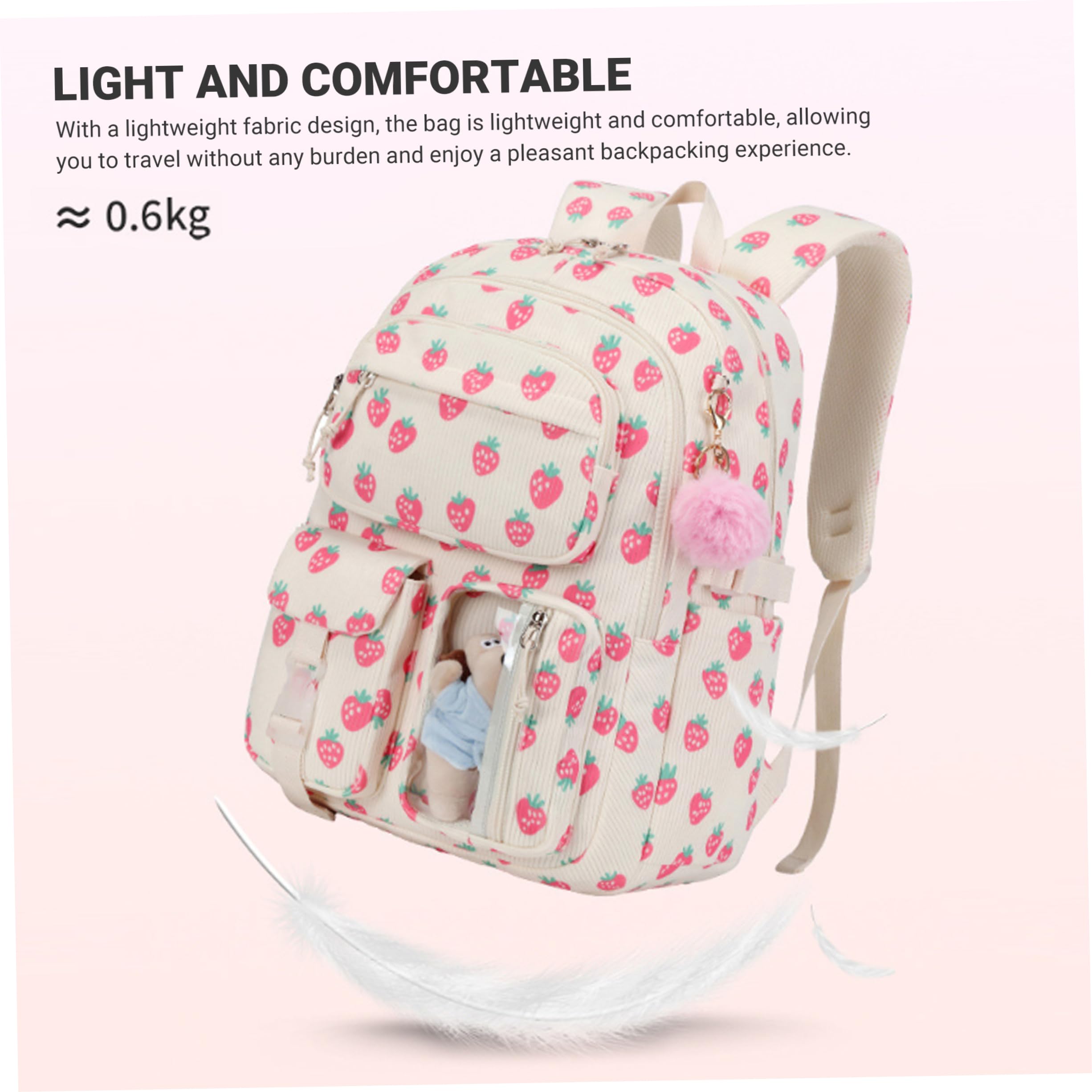 Zaino da scuola per ragazze da 3 pezzi Set di zaini in velluto a coste fragola carino per la scuola, 12x7x17 pollici, borse leggere di capacità
