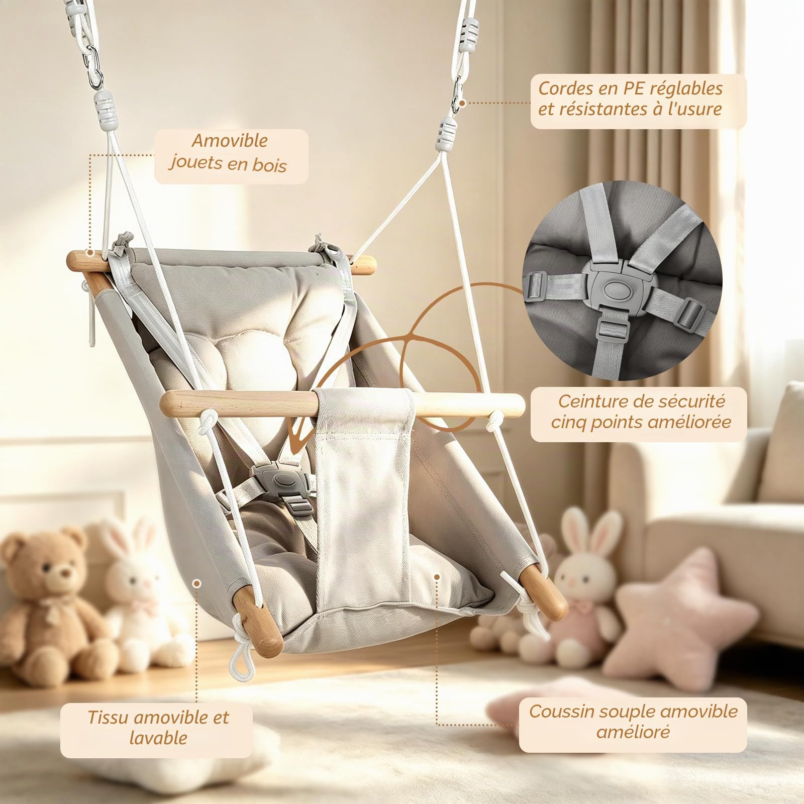 Balançoire bébé 3 en 1, Chaise Suspendue en Bois avec Ceinture de sécurité et Coussin en Coton, hamac-balançoire bébé réglable, balançoire Enfant d'intérieur/extérieur, capacité 60 kg, 6-36 Mois