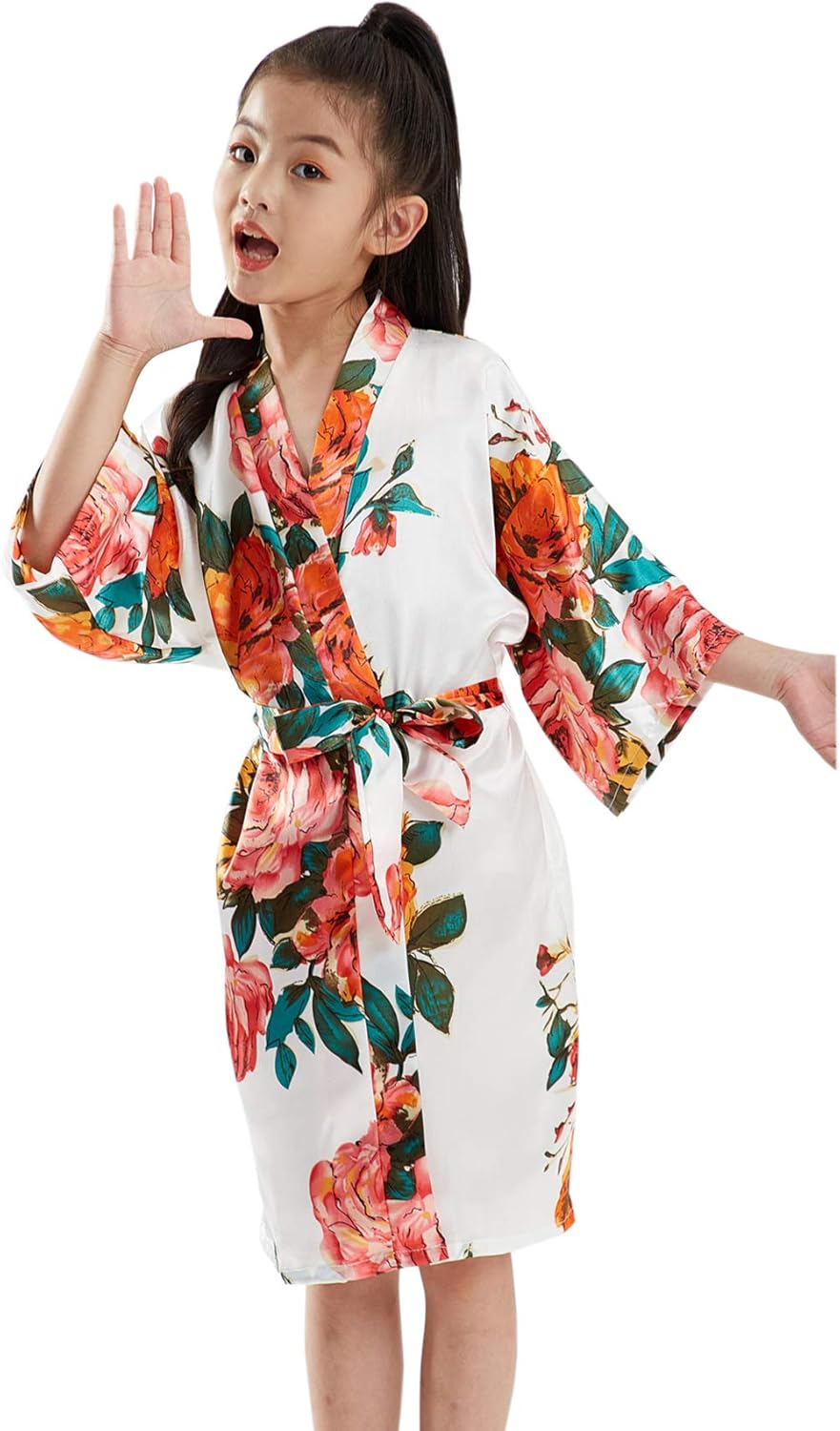 QXQTER Peony Floral Silk Kimono Robe Wedding Bridesmaid Robes Dressing Gown Nightgown for Girls