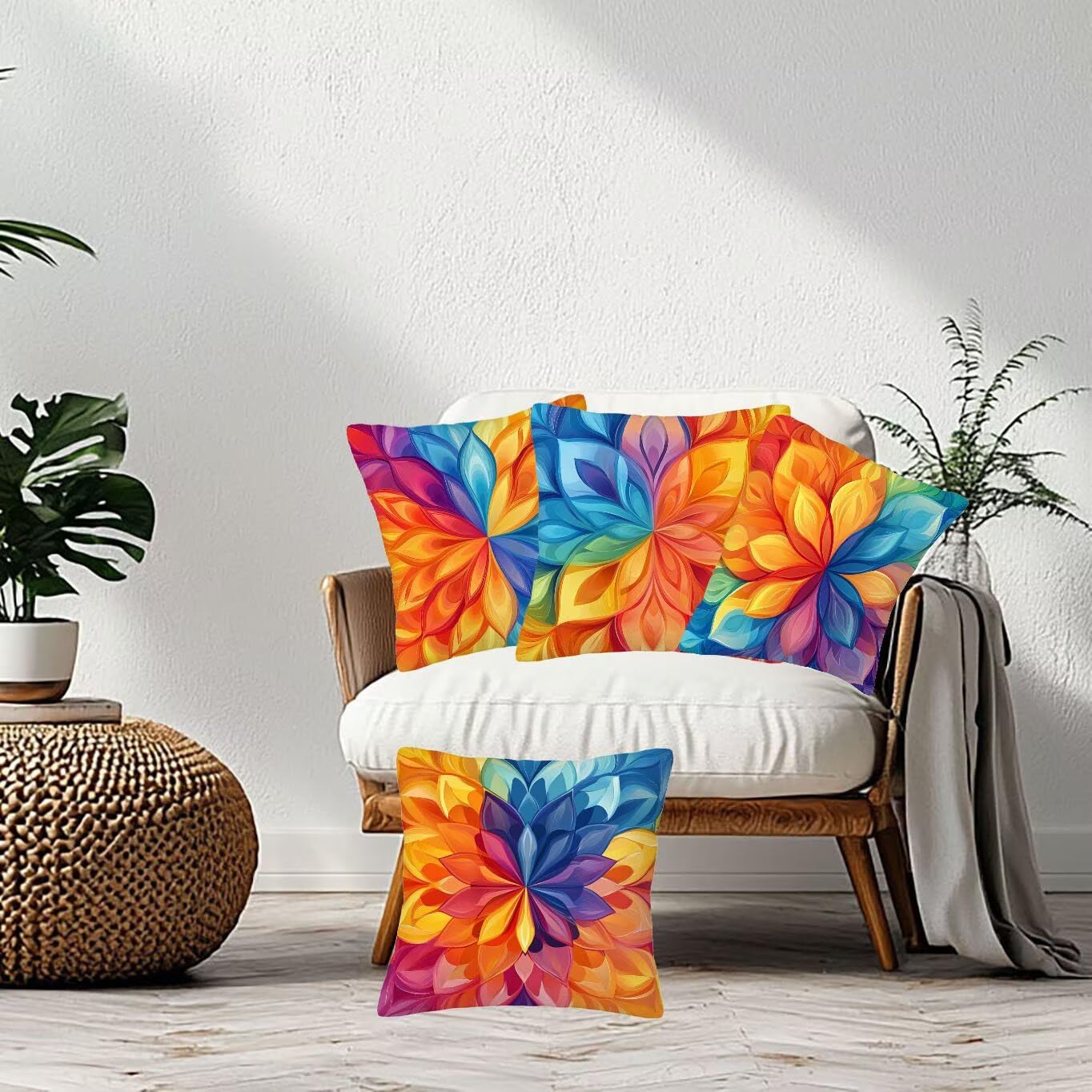 Kolorowa poszewka na poduszkę, 55 x 55 cm, zestaw 4 sztuk, super miękka, nadaje się do prania, kwiatowa, kwadratowa, z ukrytym zamkiem błyskawicznym, na sofę, do sypialni, jako prezent dla kobiet i
