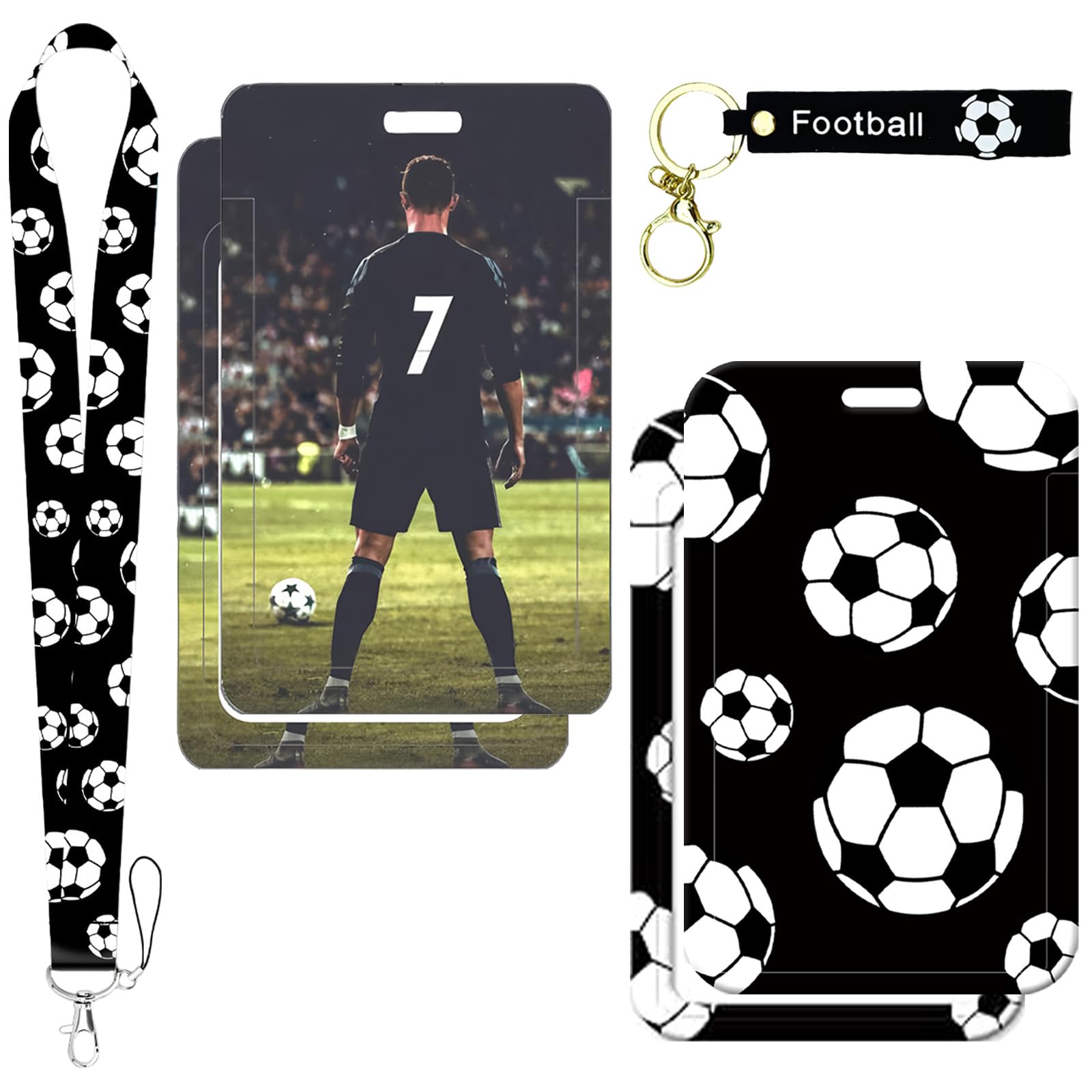 LHLZNB 4PCS Soccer ID Badge Holder Set, 2 Black Football Bus Pass Cases with Player Number 7, 1 Leather Cord & 1 Neck Lanyard for Work Travel Cruise Office