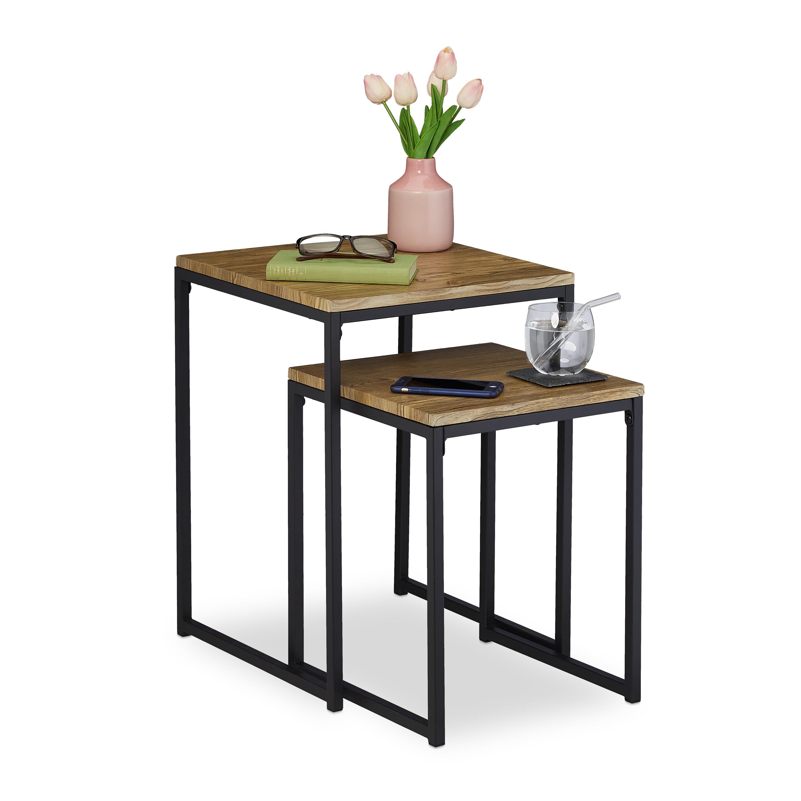 Relaxdays Set Tavolini da Salotto da 2, ad Incastro, Design Industriale, Impilabili, Moderni, Ferro, Effetto Legno/Nero