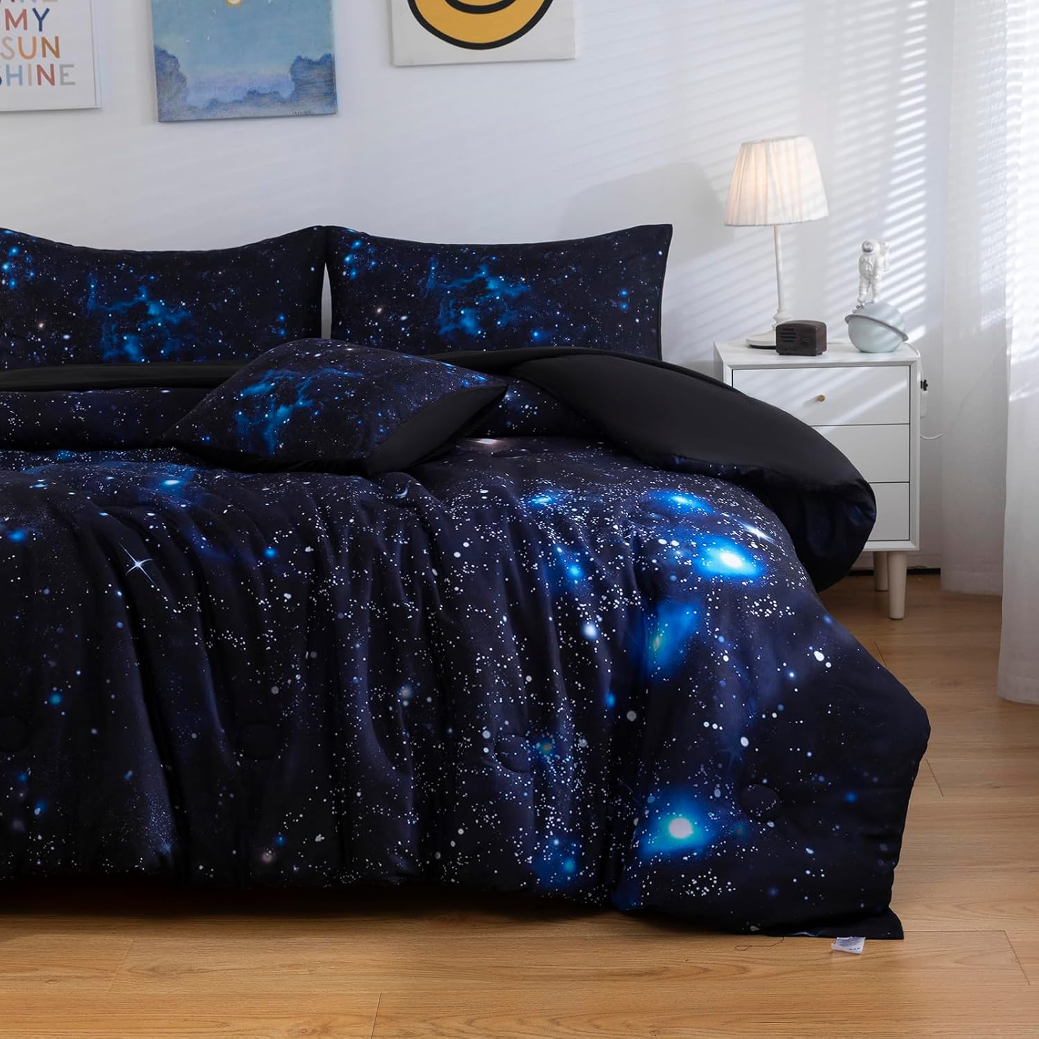 6 Pcs Galaxy Comforter Set Twin Size Space Blue and Purple Starry Sky Night Bedding Set for Girls Boys Kids Twin(1 Comforter, 1 Flat Sheet, 1 Fitted Sheet, 1 Cushion Cover, 2 Pillowcases) - Image 5