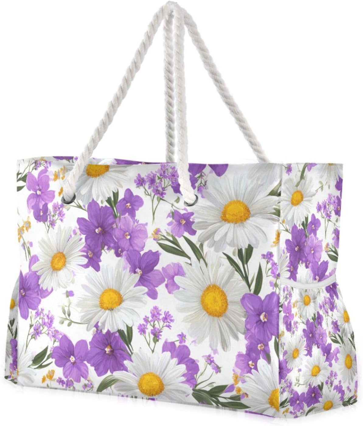 OTVEE Purple Flowers and White Daisies Beach Bags for Women Ladies Large Canvas Tote Shoulder Bag Waterproof Travel Bags for Gym Swim Pool Camping