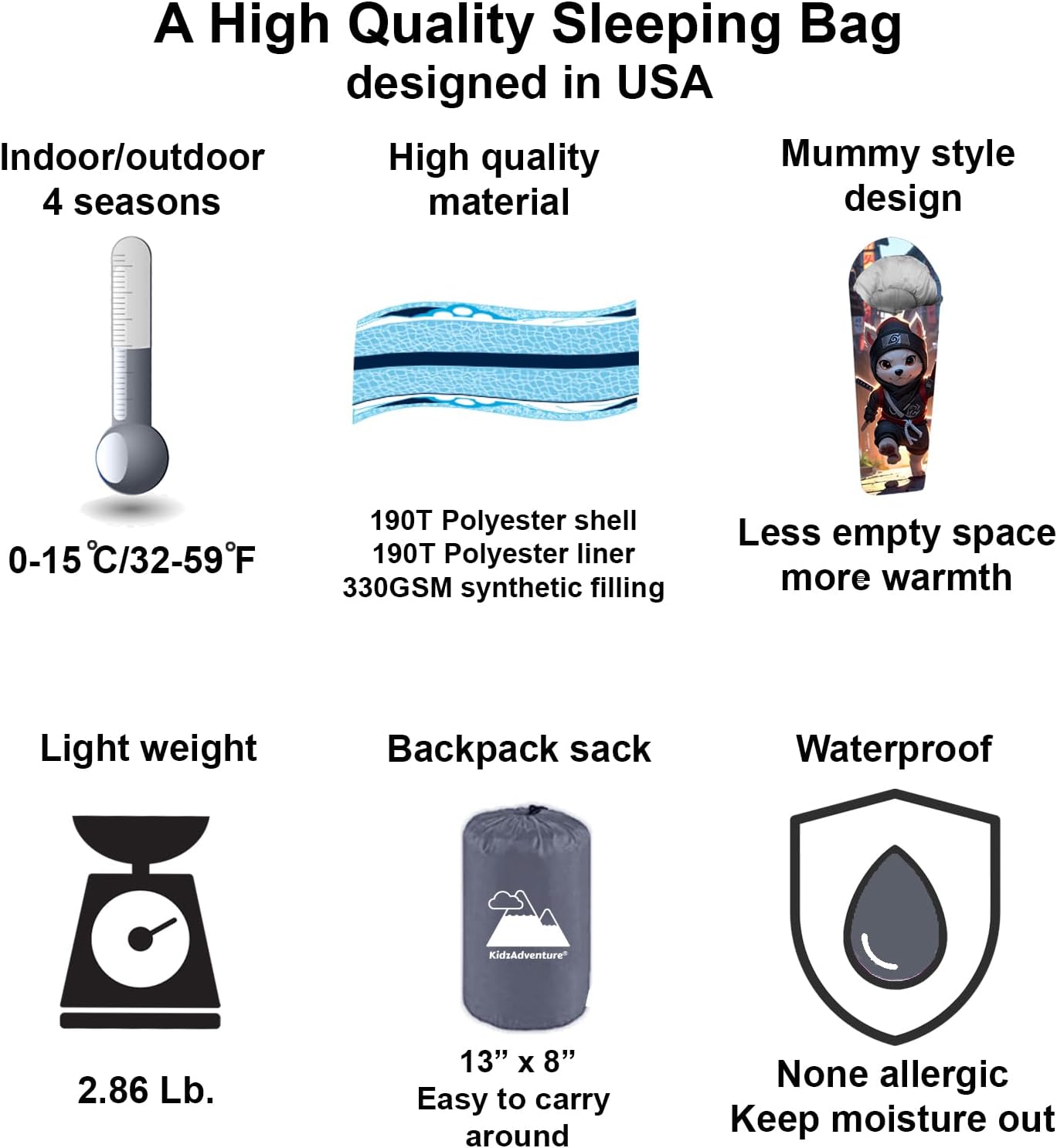 Mummy Style 32 – 59F Kids Sleeping Bag with Pillow Sleeve, Full Scale Digital Printing Unicorn, Mermaid, Kitty or Puppy, Lightweight, Ideal for Camping, Sleepover, Boys, Girls, and Youth