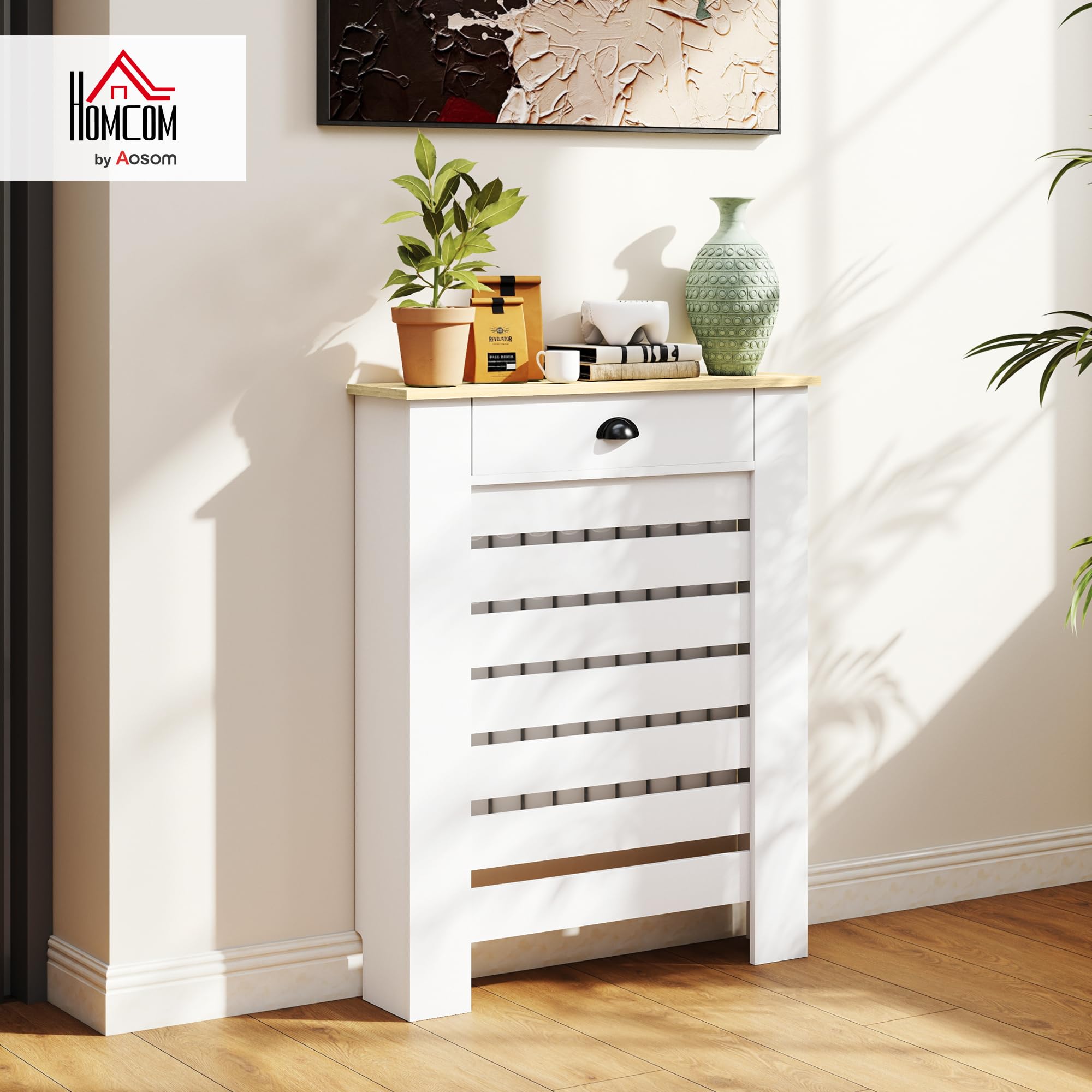 HOMCOM Couvercle de radiateur, cache radiateur, grille à lattes horizontales, avec tiroir, pour salon, chambre à coucher, couloir, en bois, 78 x 19 x 95,5 cm, blanc