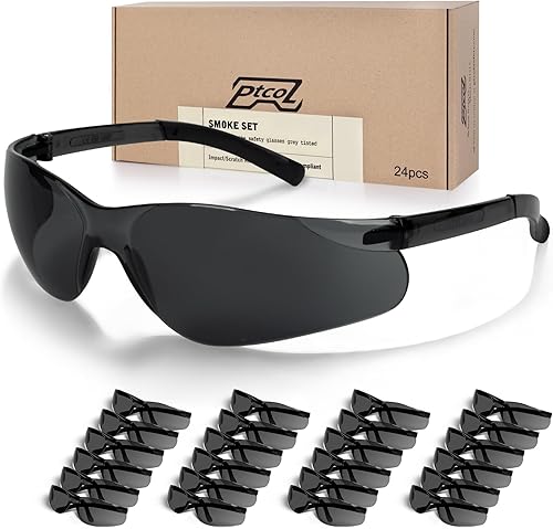 Paquete de 24 lentes de seguridad contra el humo a granel ANSI Z87.1 resistentes a los arañazos de policarbonato tintado, gafas protectoras para