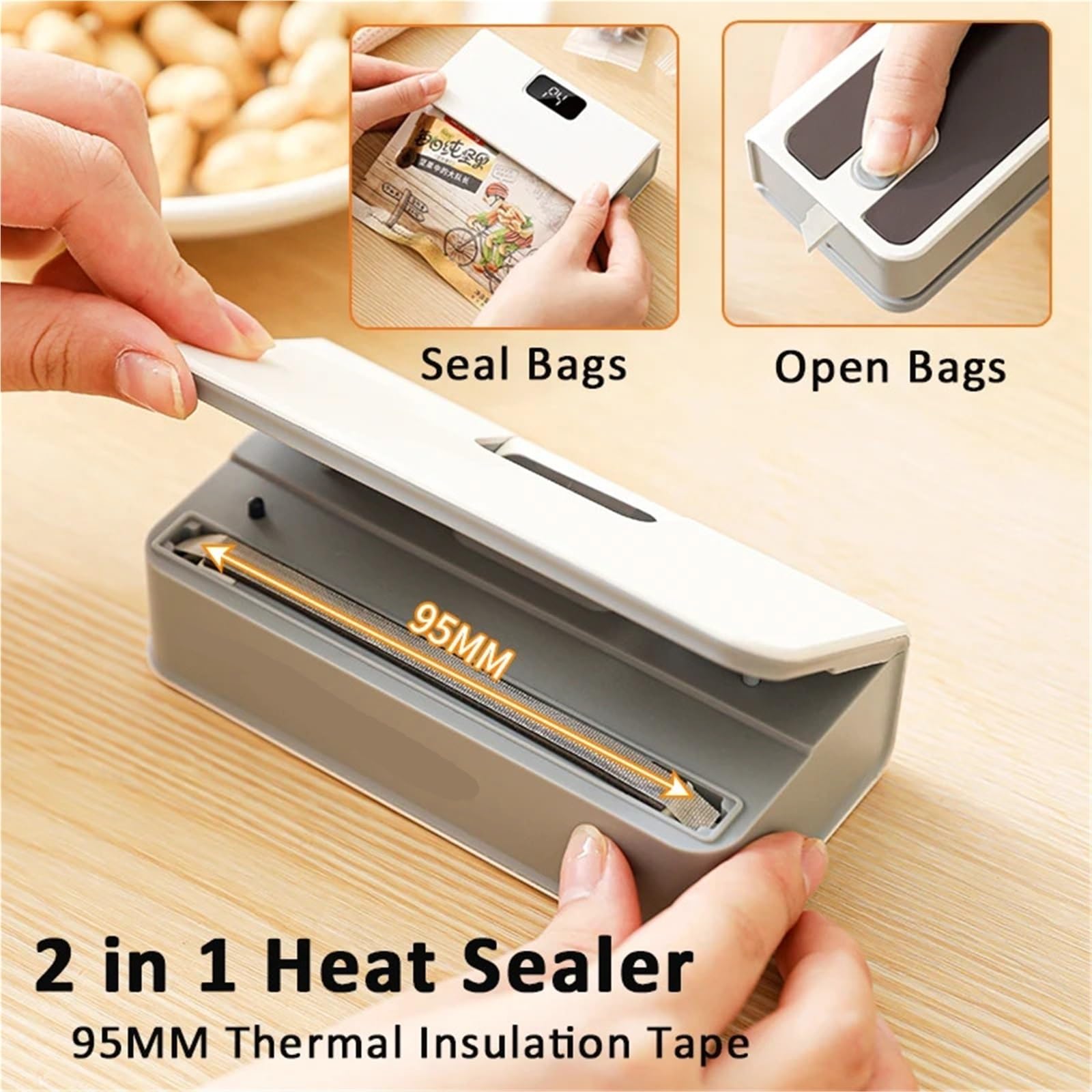 Selladora al vacío, Mini Máquina 2 Del Sellado Bolso Calor Sellador De Las Bolsas Plástico En 1 Portátil Acondicionamiento Los Alimentos,para conservar carne, pescado, frutas y verduras(White)