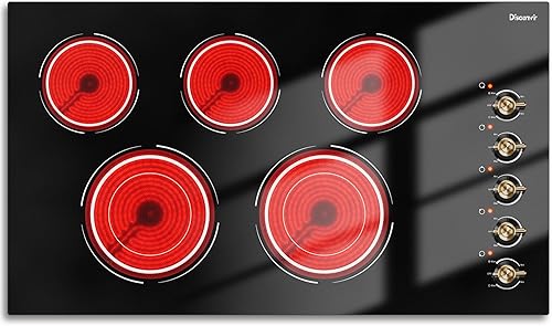 Estufa eléctrica de 36 pulgadas - Estufa eléctrica de 5 quemadores con 8400 W, estufa de cerámica integrada de 36 pulgadas con dos anillos dobles,