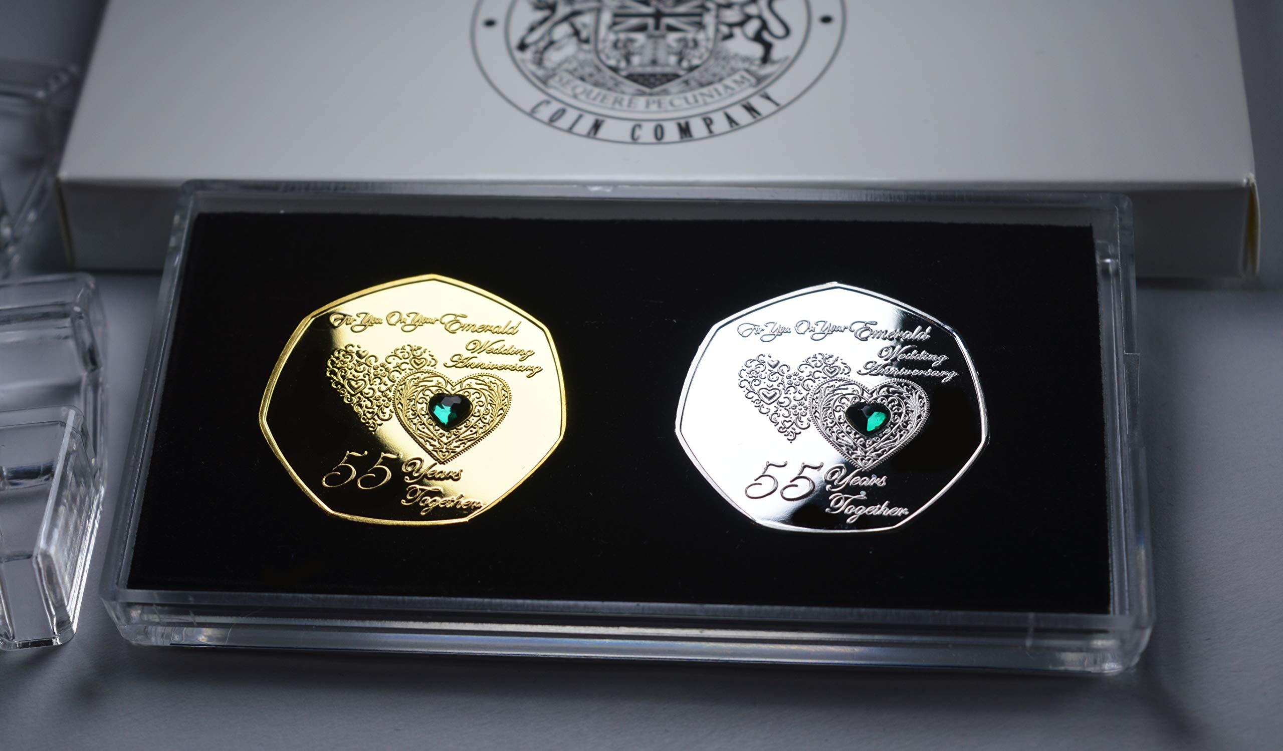 The Commemorative Coin Company Silver/Gold Pair Of 55Th Emerald Wedding Anniversary & 24Ct Commemoratives With Diamante Gemstones. Display/Presentation Stand & Gift Box. Gift/Present