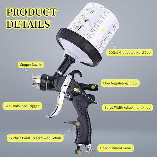 Miniatura 6 de HVLP Spray Gun with 10Pcs 600ML Disposable Paint Cups, 5 Nozzles,1.4/1.7/2.0/2.5/3.0mm, Automotive Gravity Feed Paint Spray Gun Kit with Air
