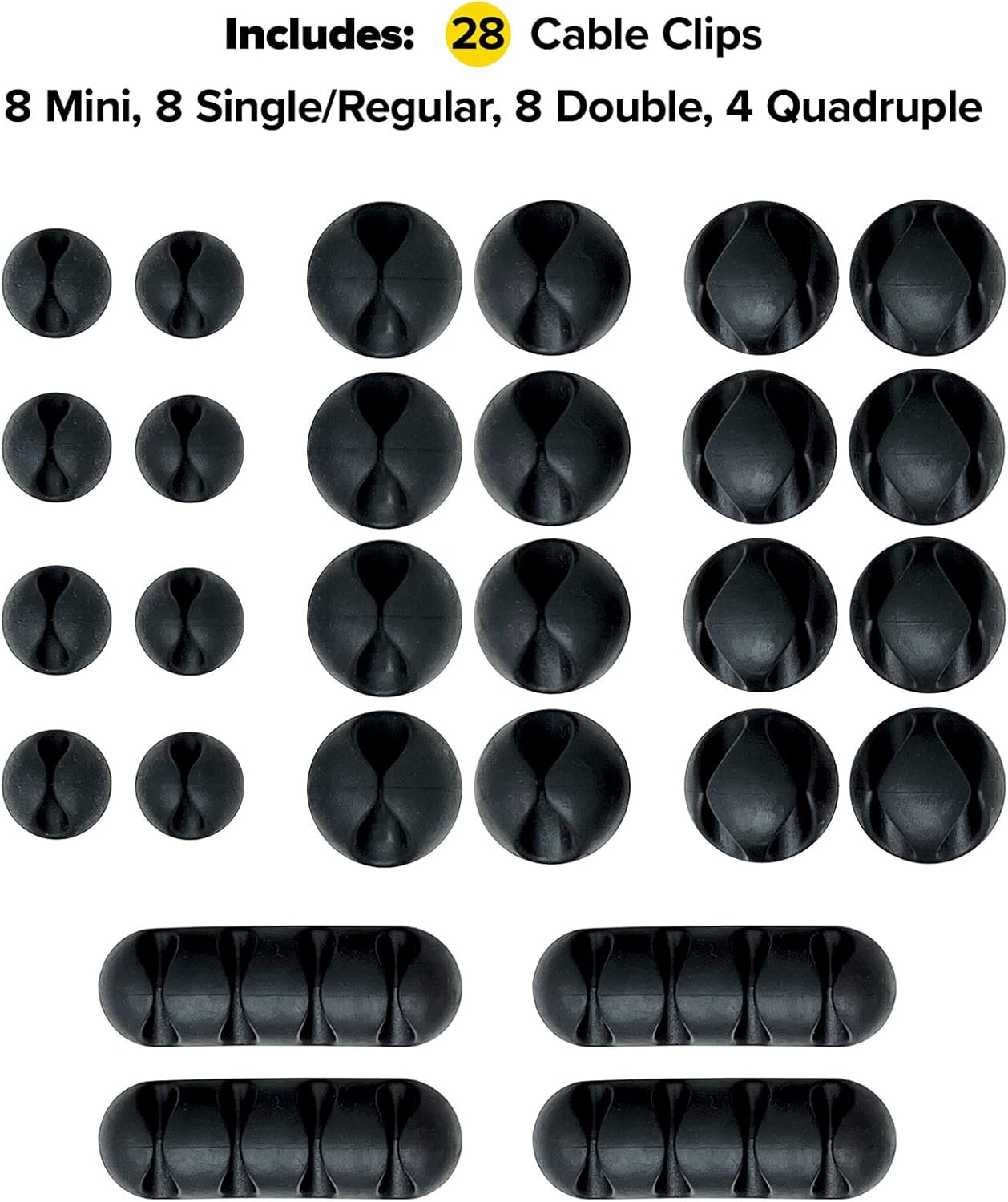 Wrap-It Storage Cable Clips - (Assorted 28-Pack) Black - Desk and Nightstand Cable Holder for Phone and Bedside Table Cord Organizer